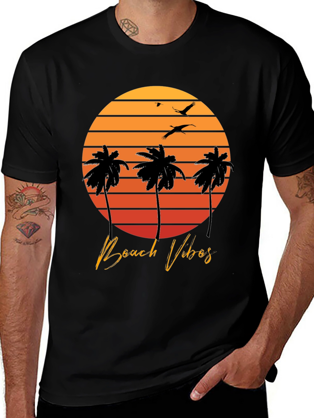 Beach Vibes T-Shirt - Sunset Palm Tree Design