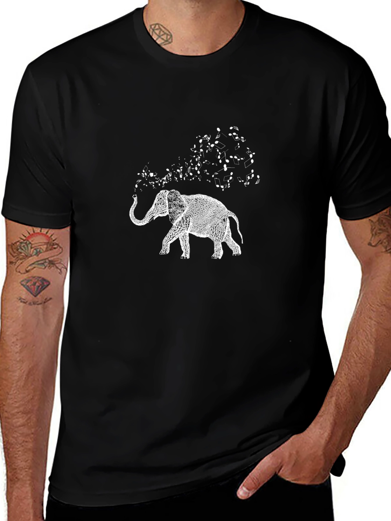 Elephant Music Notes Graphic Tee - Black