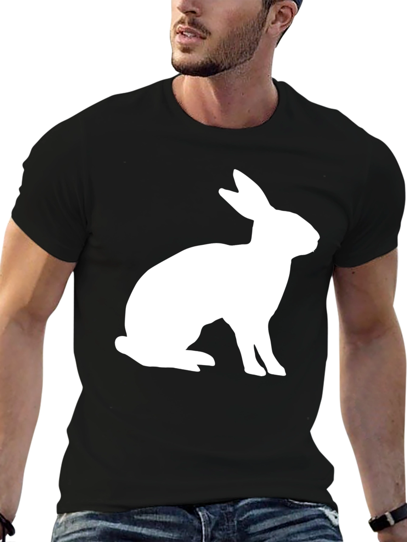 Rabbit Graphic Tee - Black Cotton Blend Casual Shirt