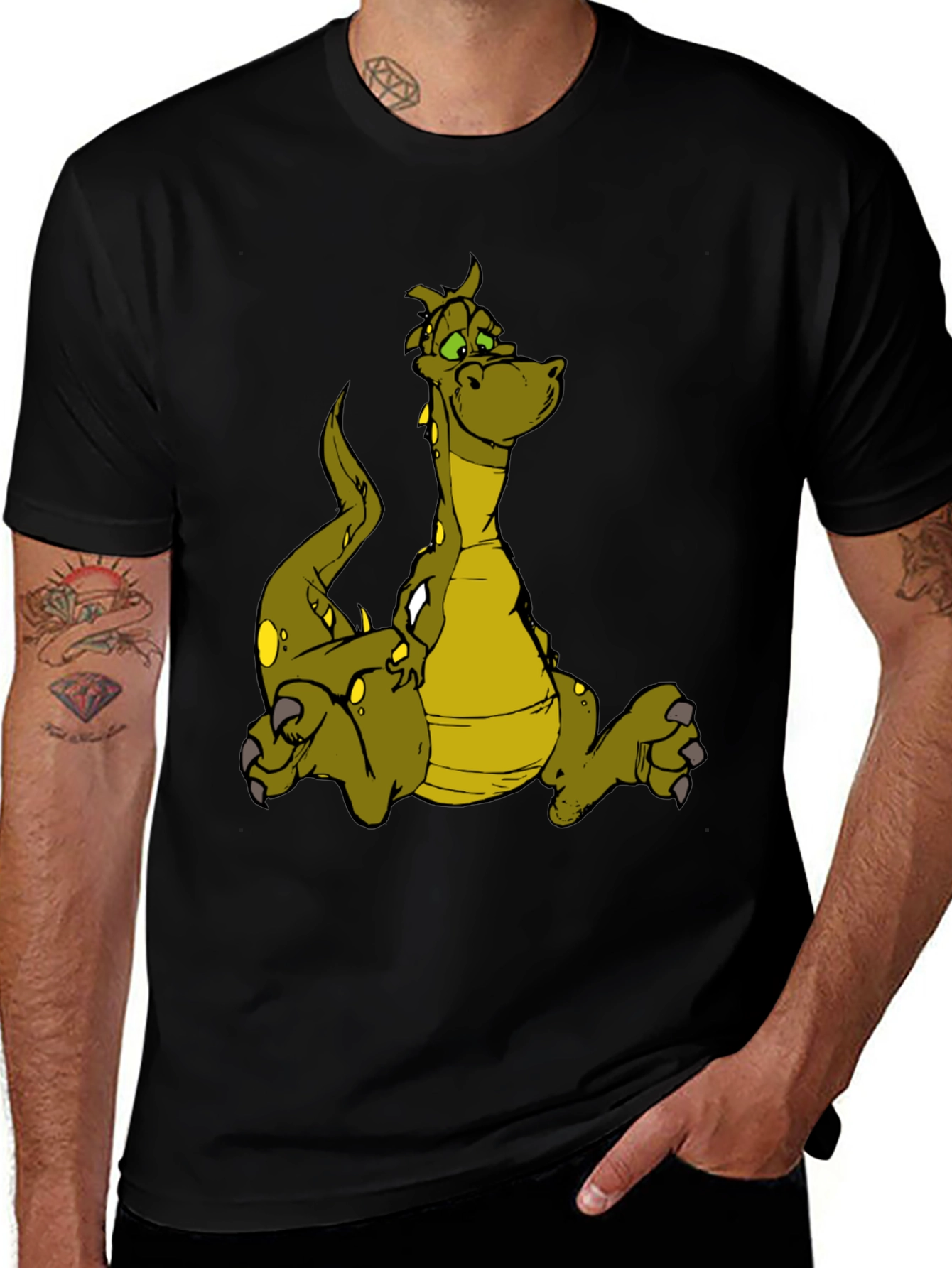 Cartoon Dragon Graphic T-Shirt - Black Cotton Tee