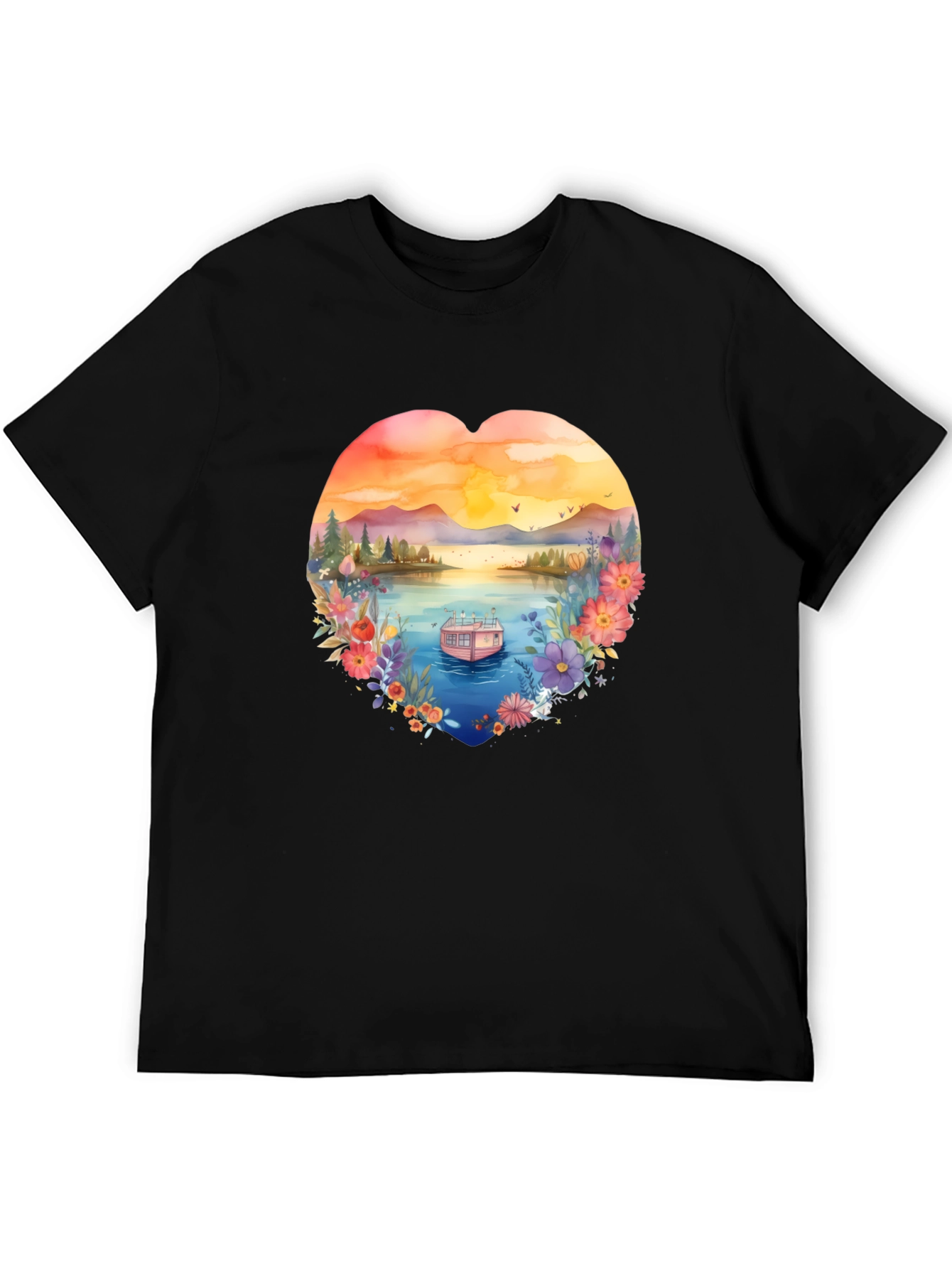 Floral Lake House Black T-Shirt