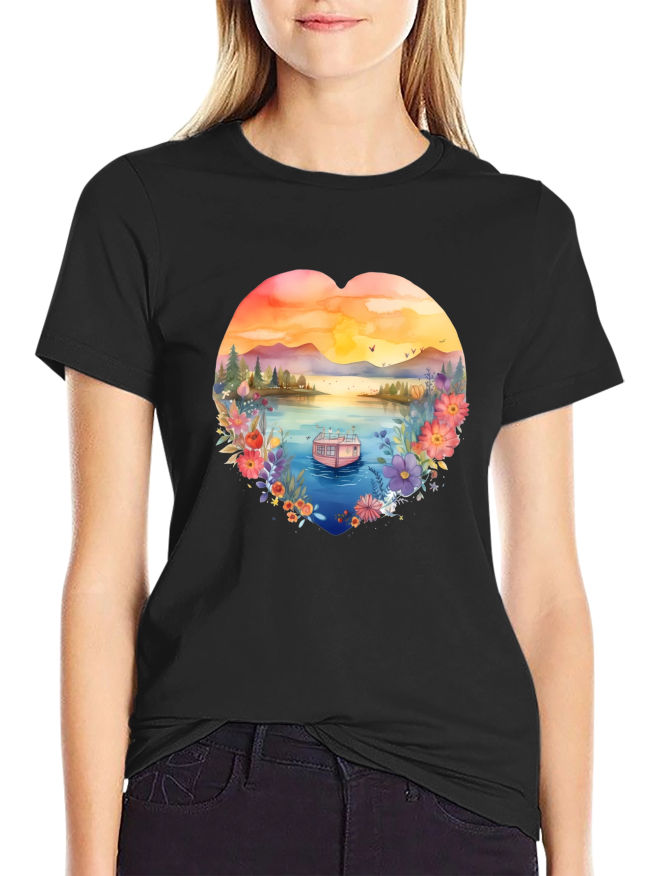 Floral Lake House Black T-Shirt