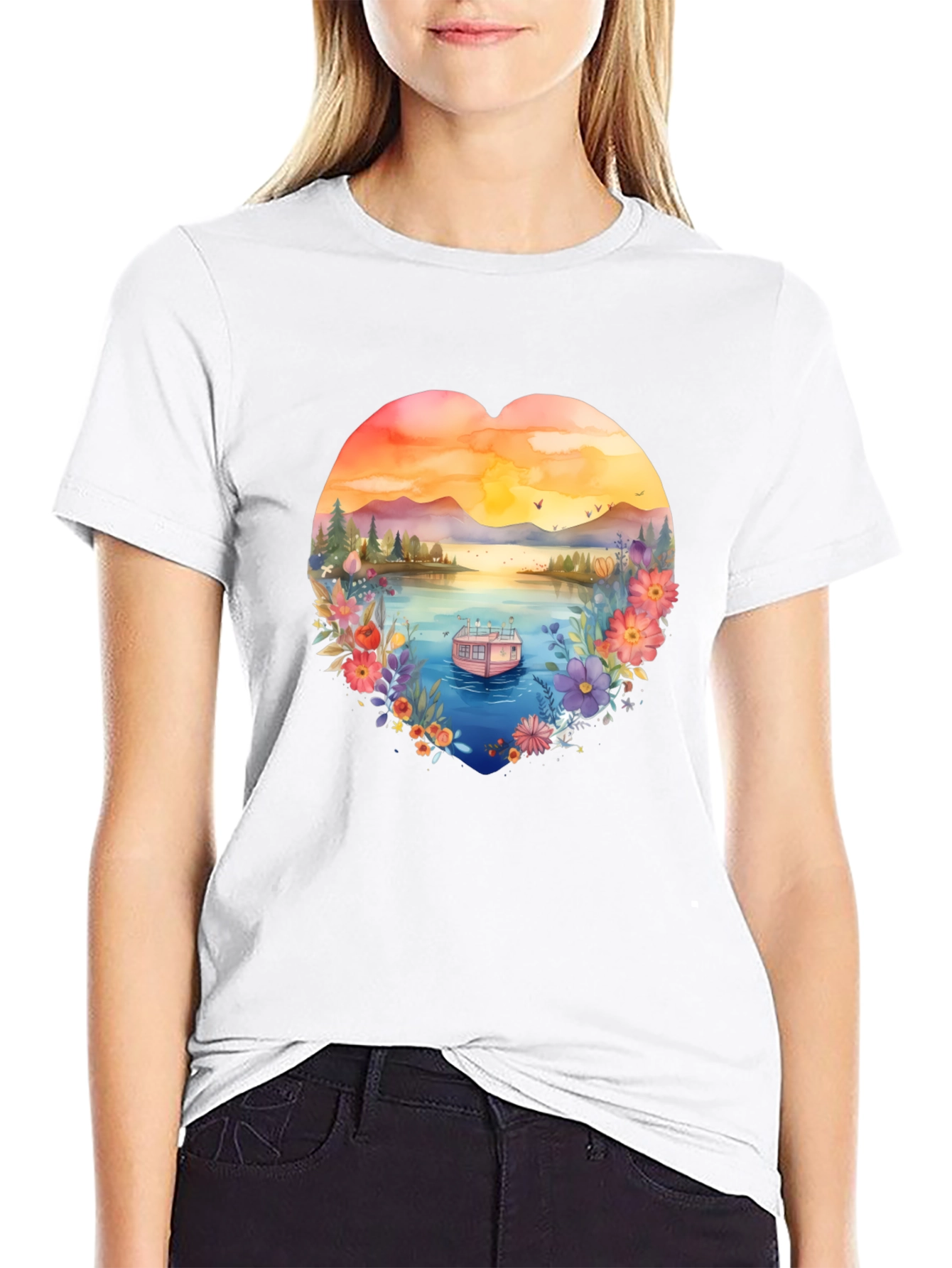Floral Lake House Black T-Shirt