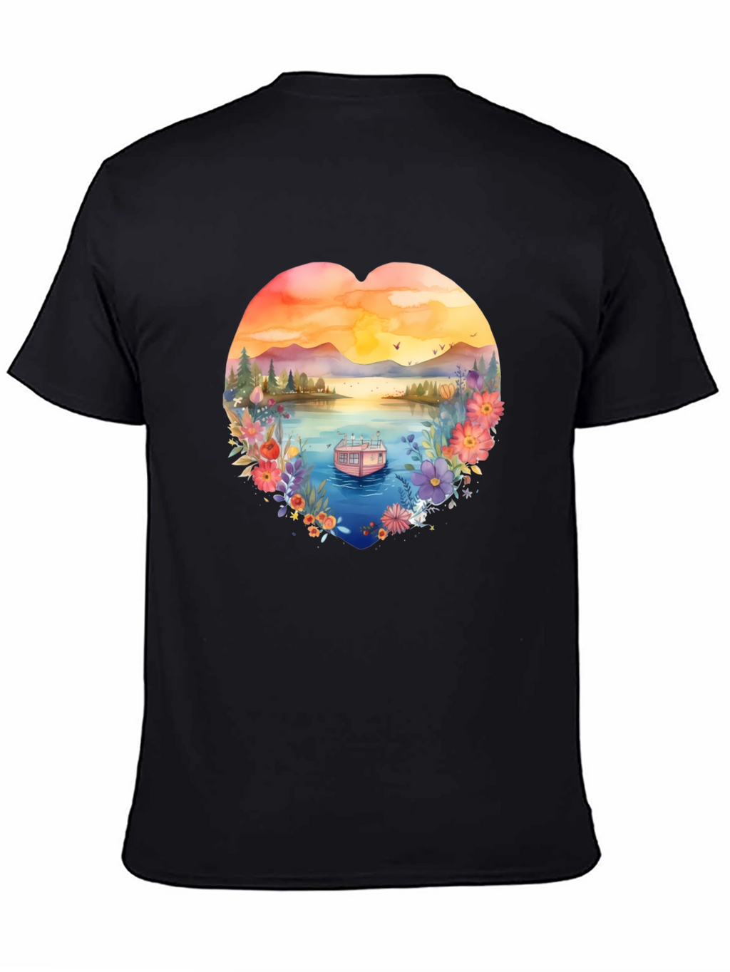 Floral Lake House Black T-Shirt