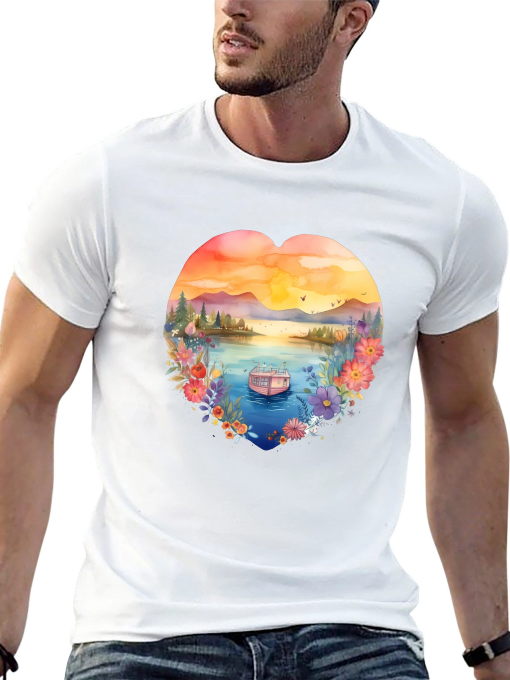 Floral Lake House Black T-Shirt