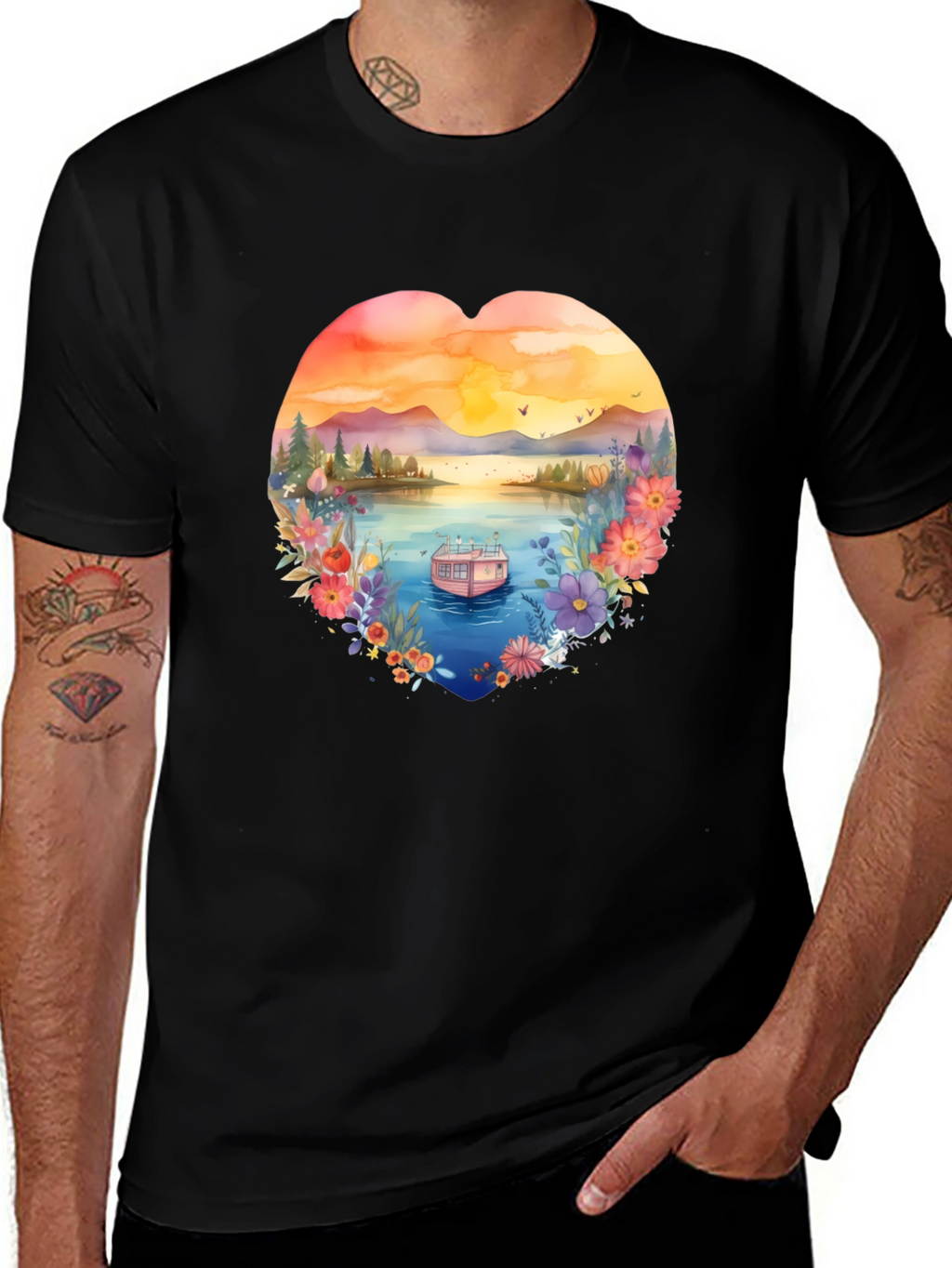 Floral Lake House Black T-Shirt