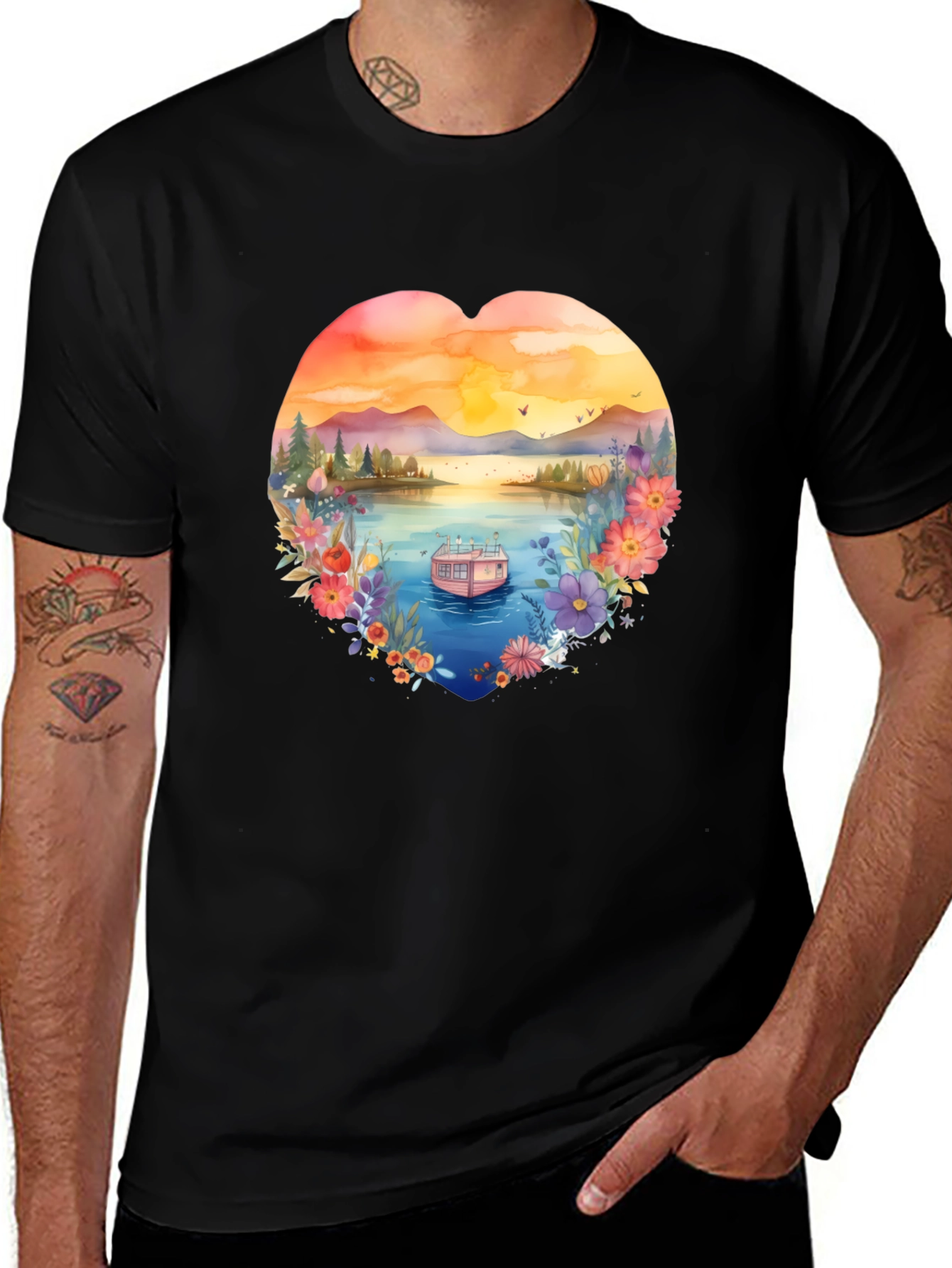 Floral Lake House Black T-Shirt