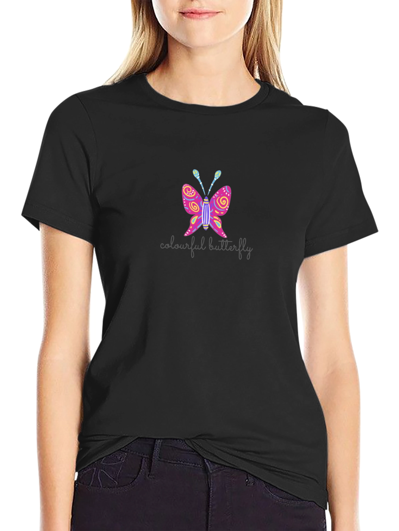 Colorful Butterfly Graphic Print Black T-Shirt