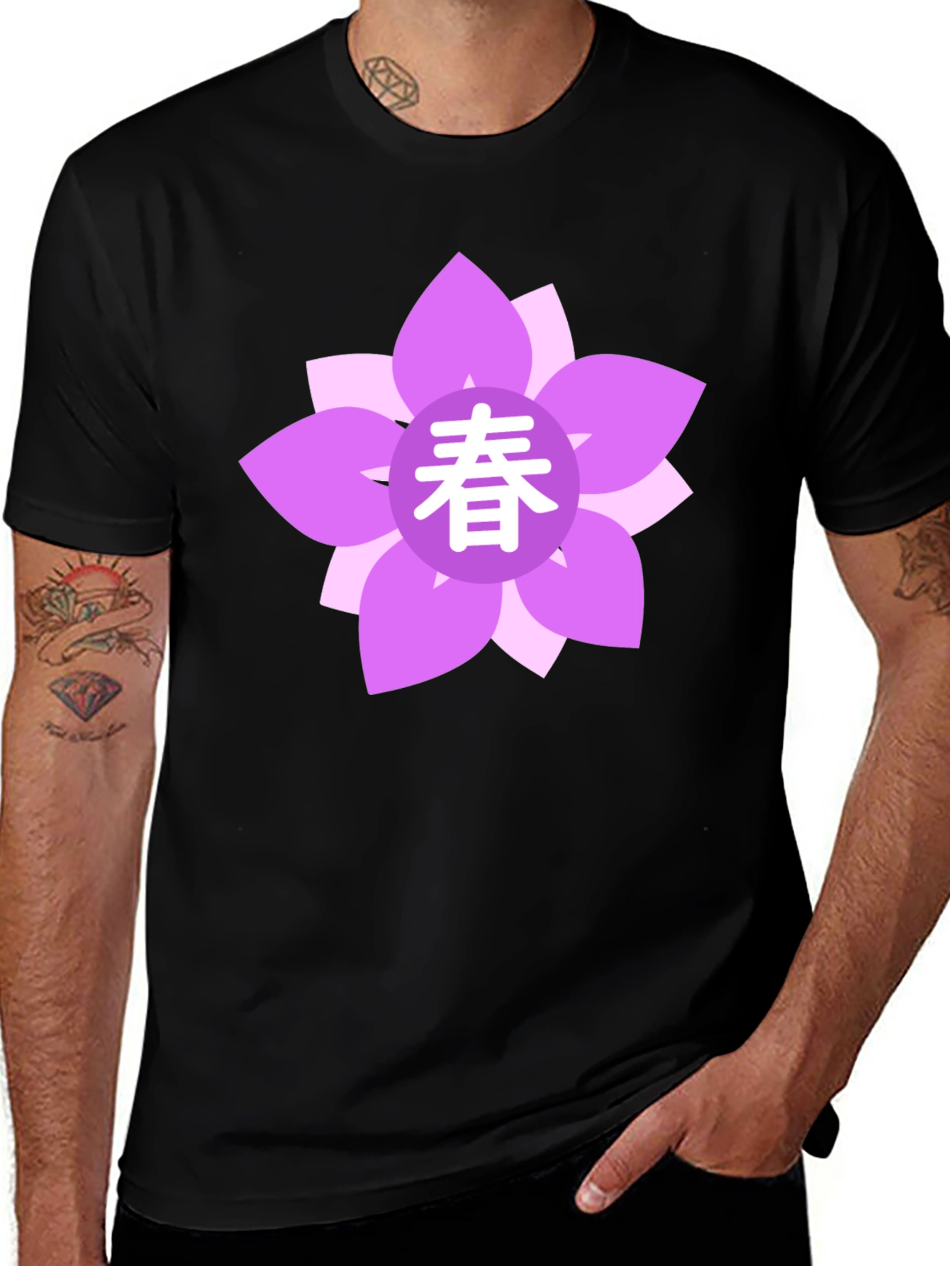 Black T-Shirt with Floral Japanese Spring Symbol