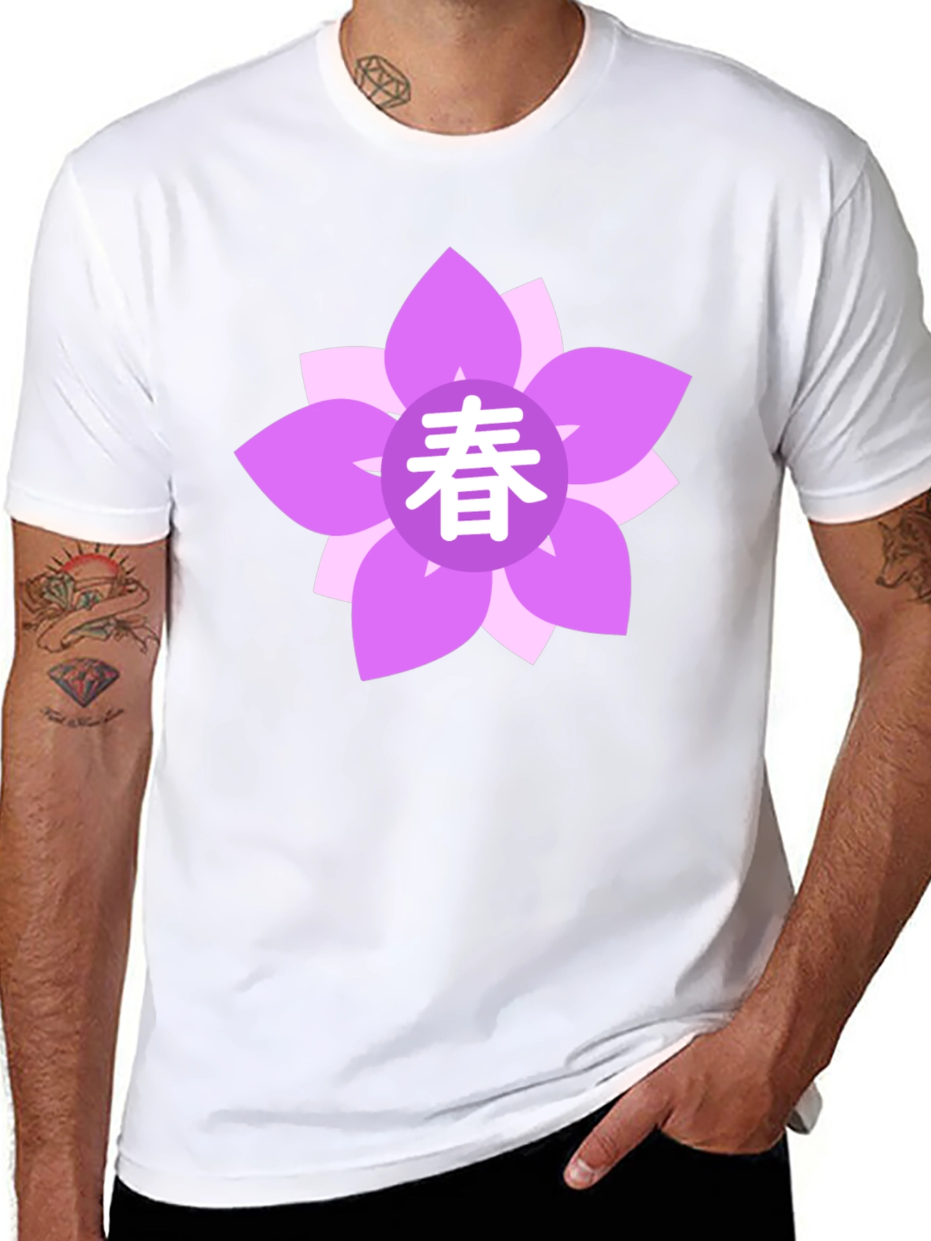 Black T-Shirt with Floral Japanese Spring Symbol