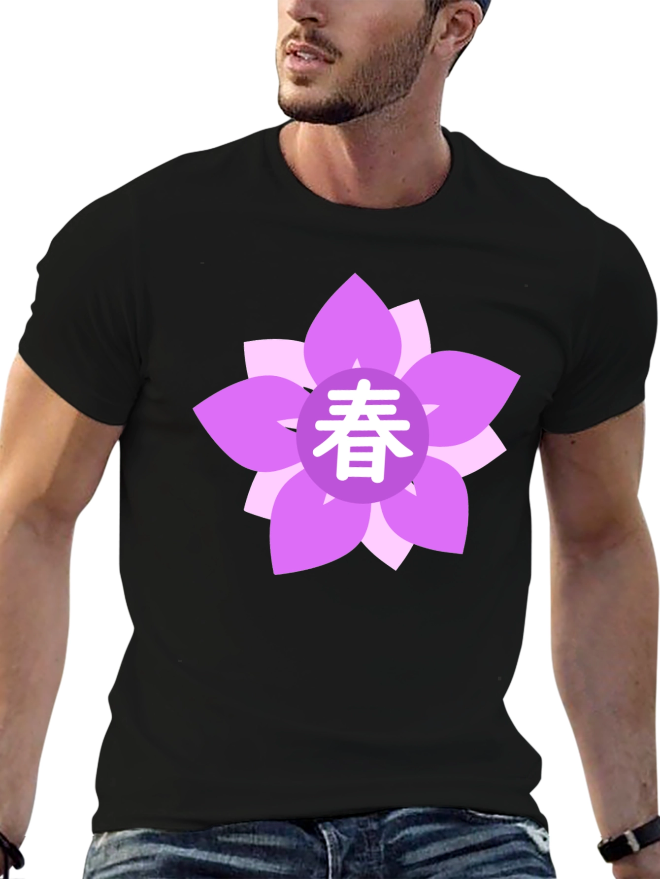 Black T-Shirt with Floral Japanese Spring Symbol