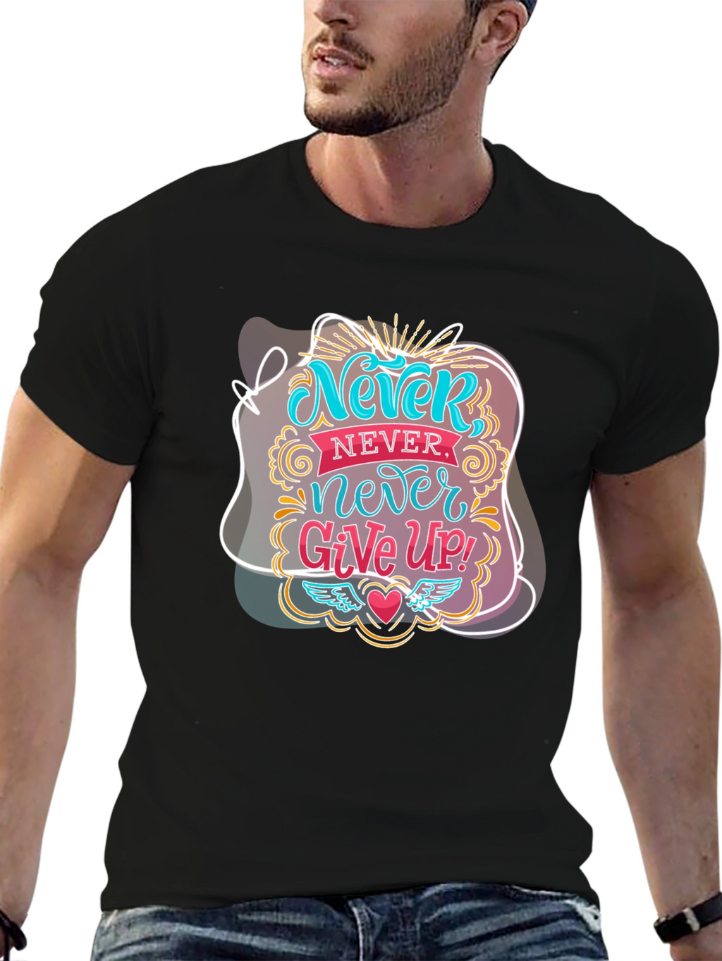 Never Give Up Graphic Tee - Motivational Black T-Shirt