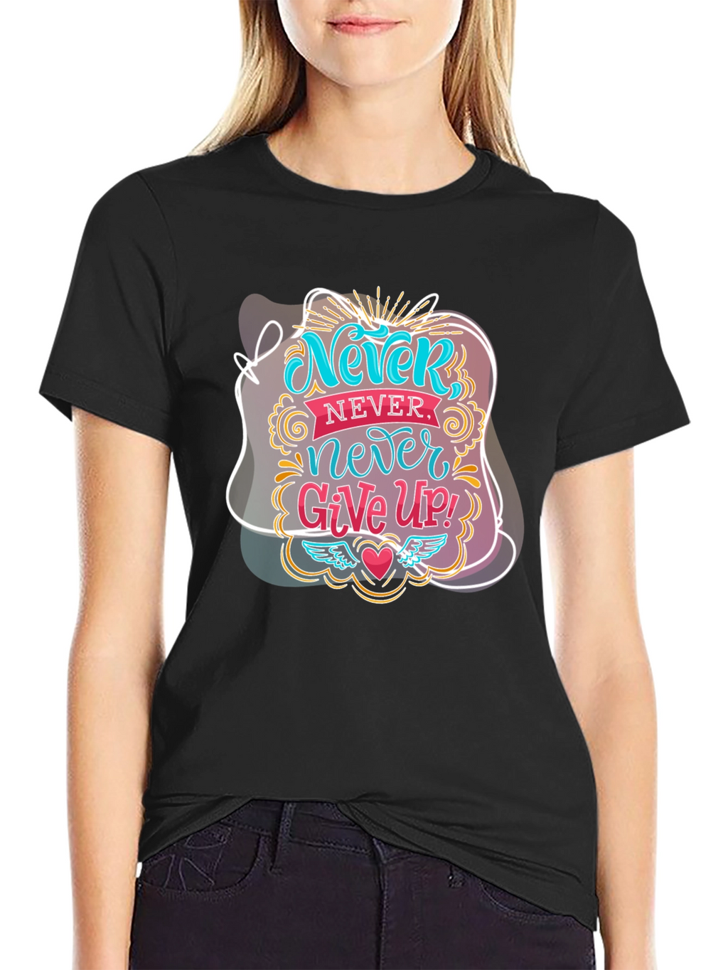 Never Give Up Graphic Tee - Motivational Black T-Shirt