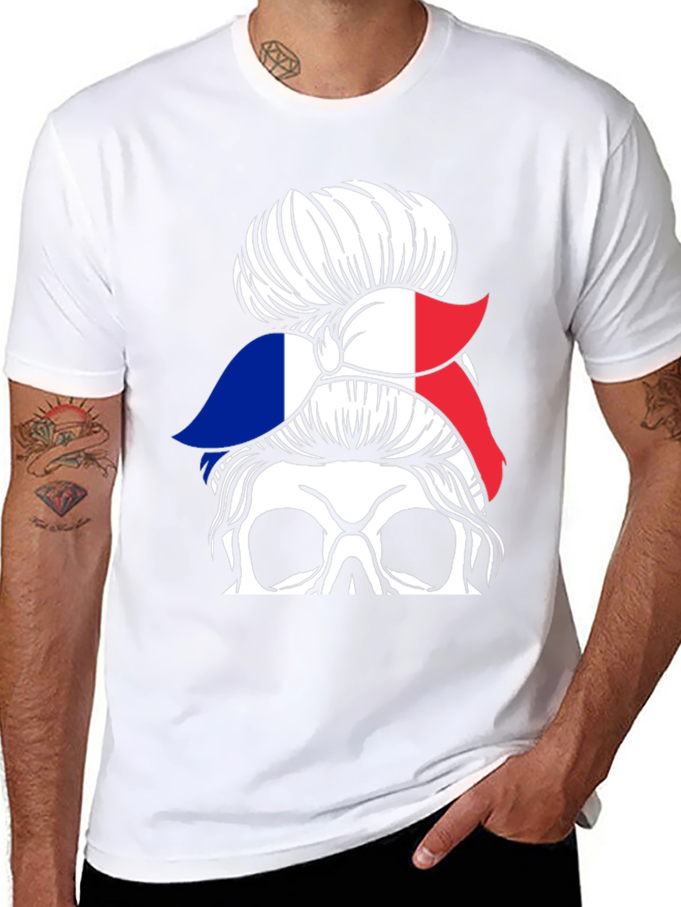 French Flag Messy Bun Skull T-Shirt
