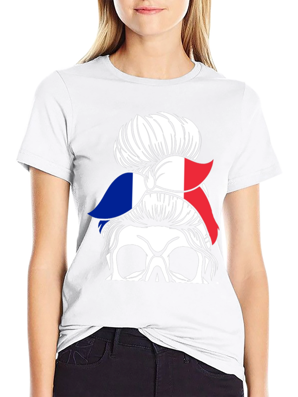 French Flag Messy Bun Skull T-Shirt