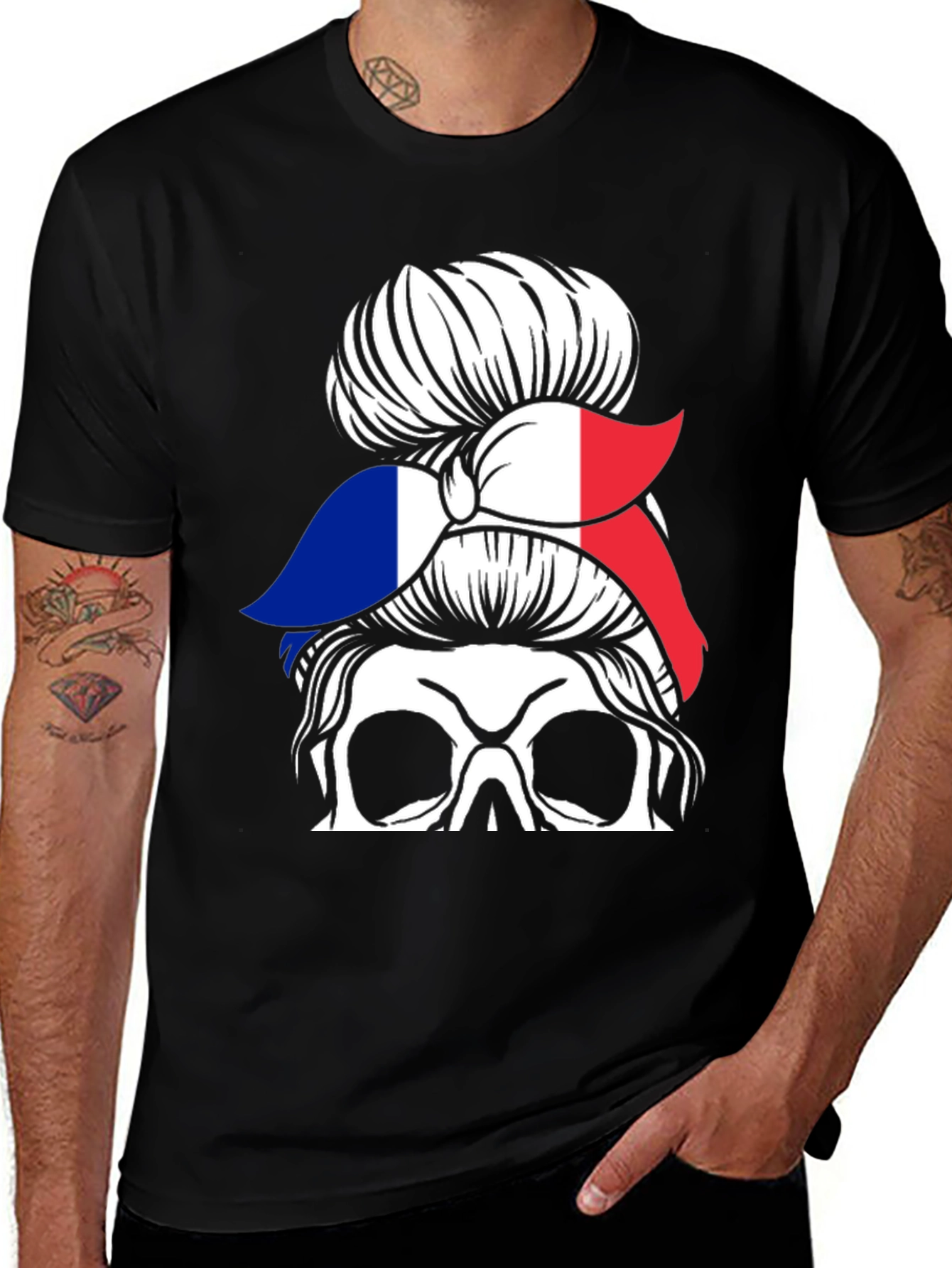 French Flag Messy Bun Skull T-Shirt