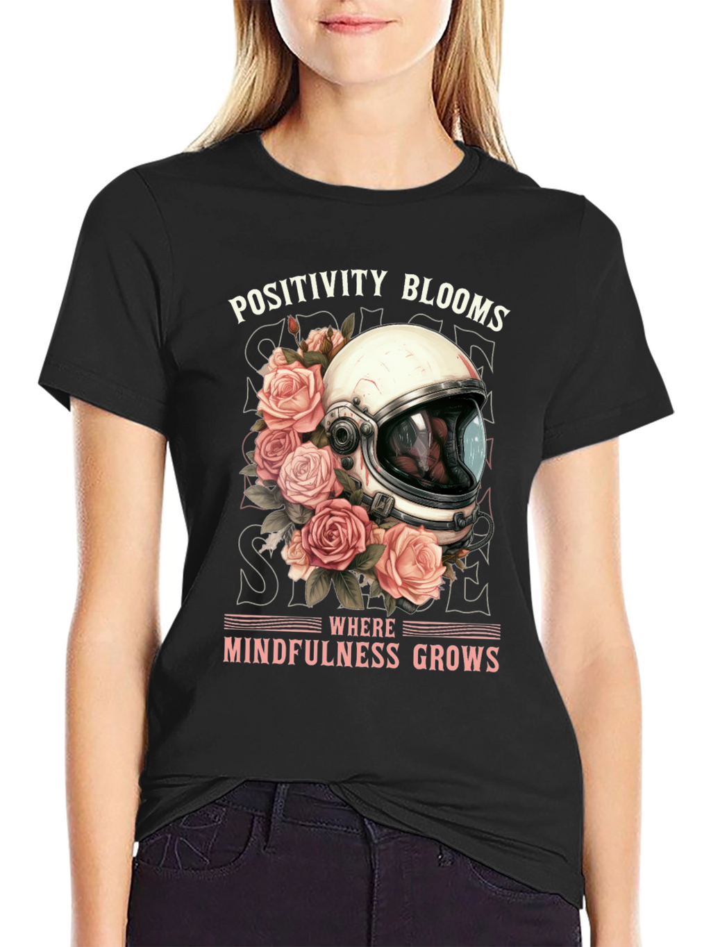 Positivity Blooms Tee - Astronaut Helmet & Roses