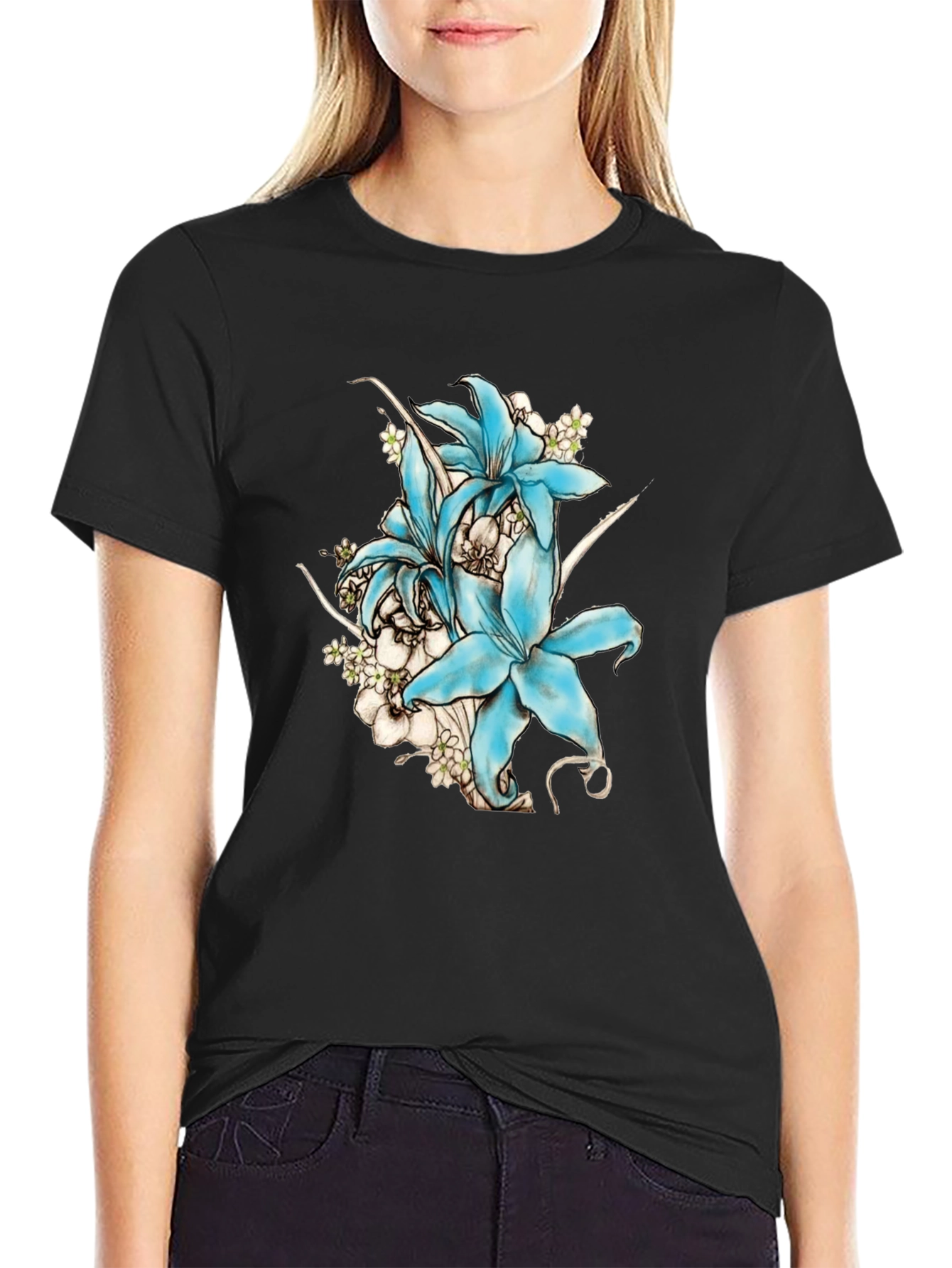 Floral Lily Graphic Print T-Shirt - Black
