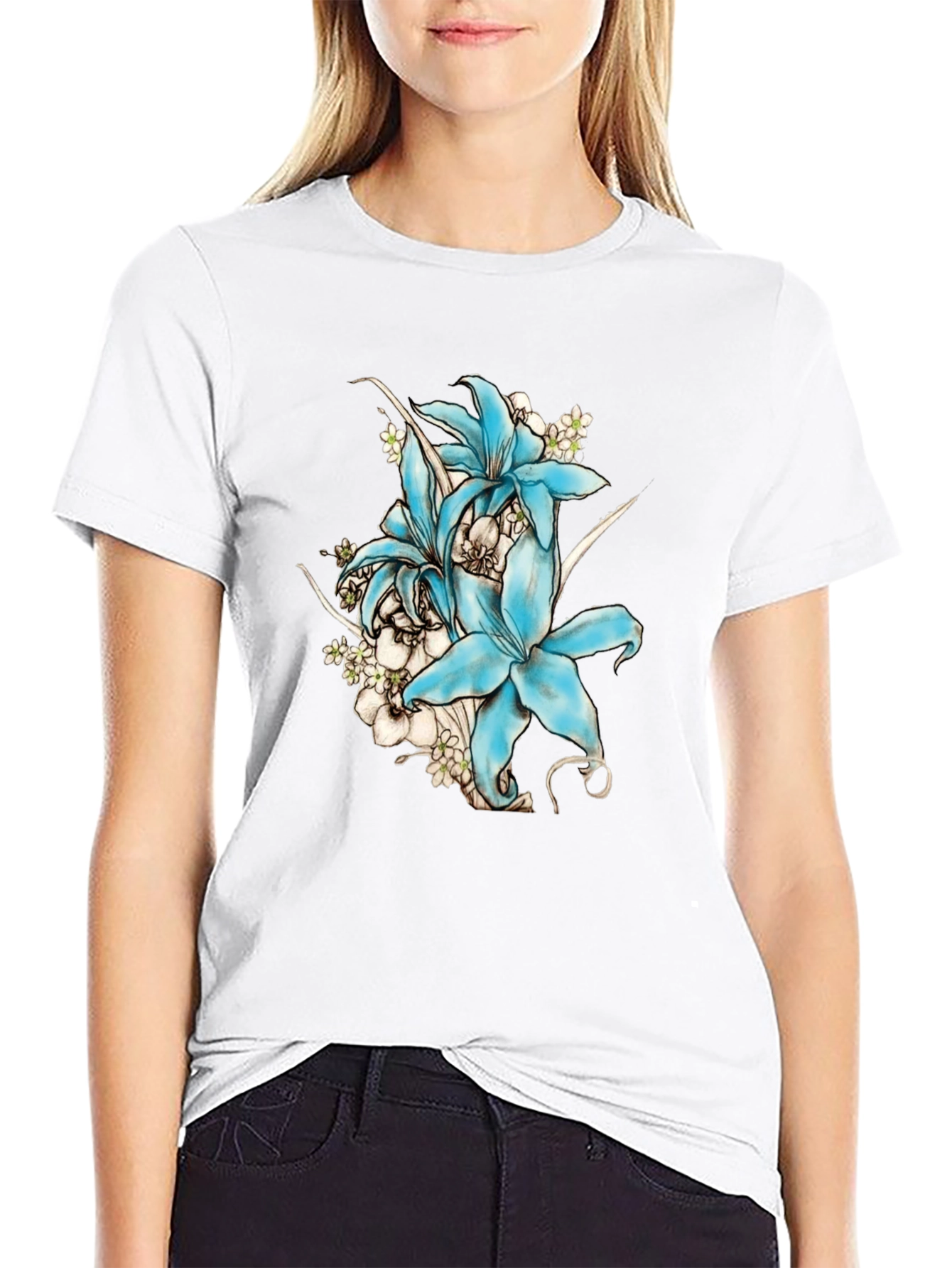 Floral Lily Graphic Print T-Shirt - Black
