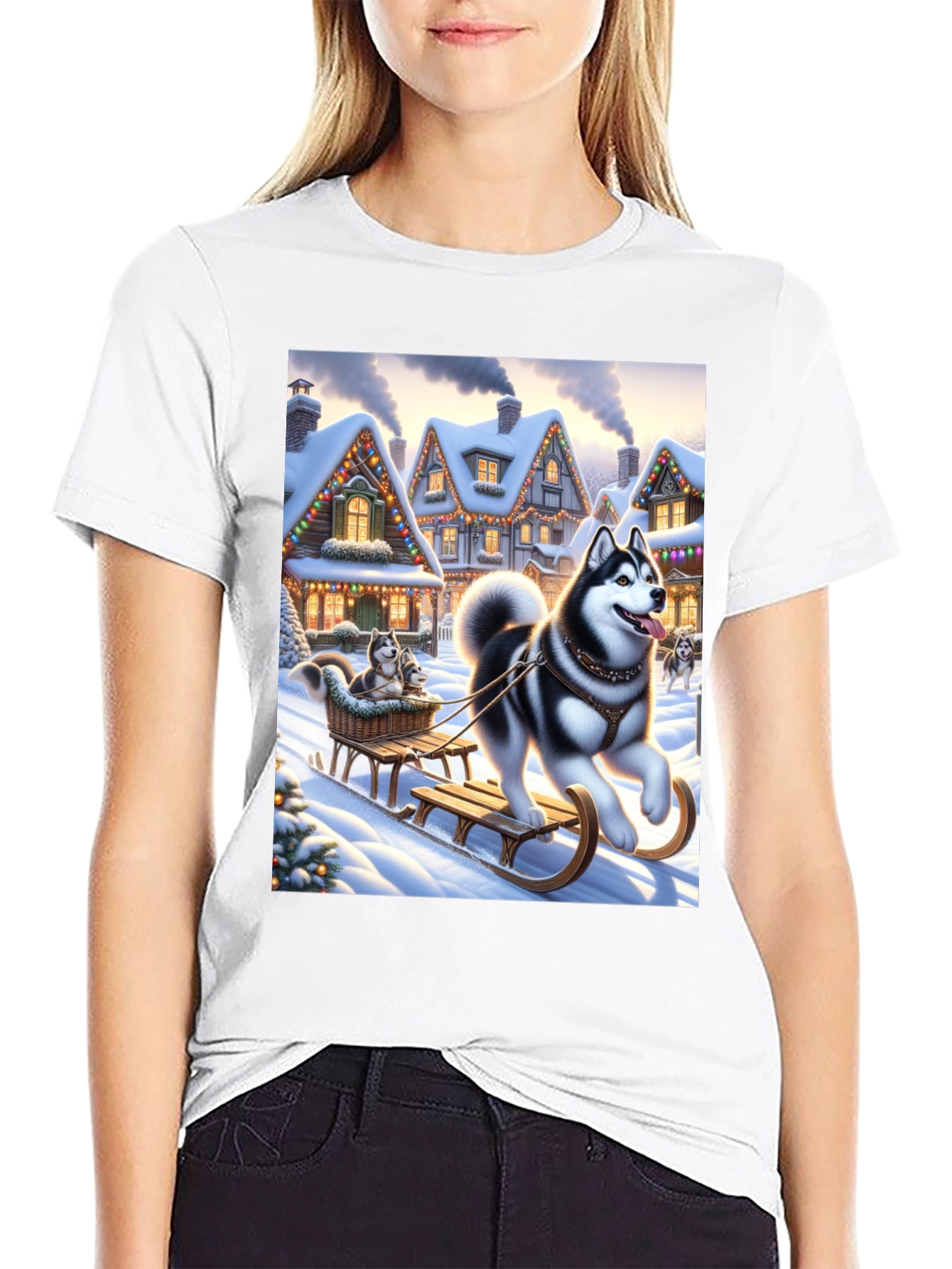 Festive Husky Sleigh Ride Graphic Tee