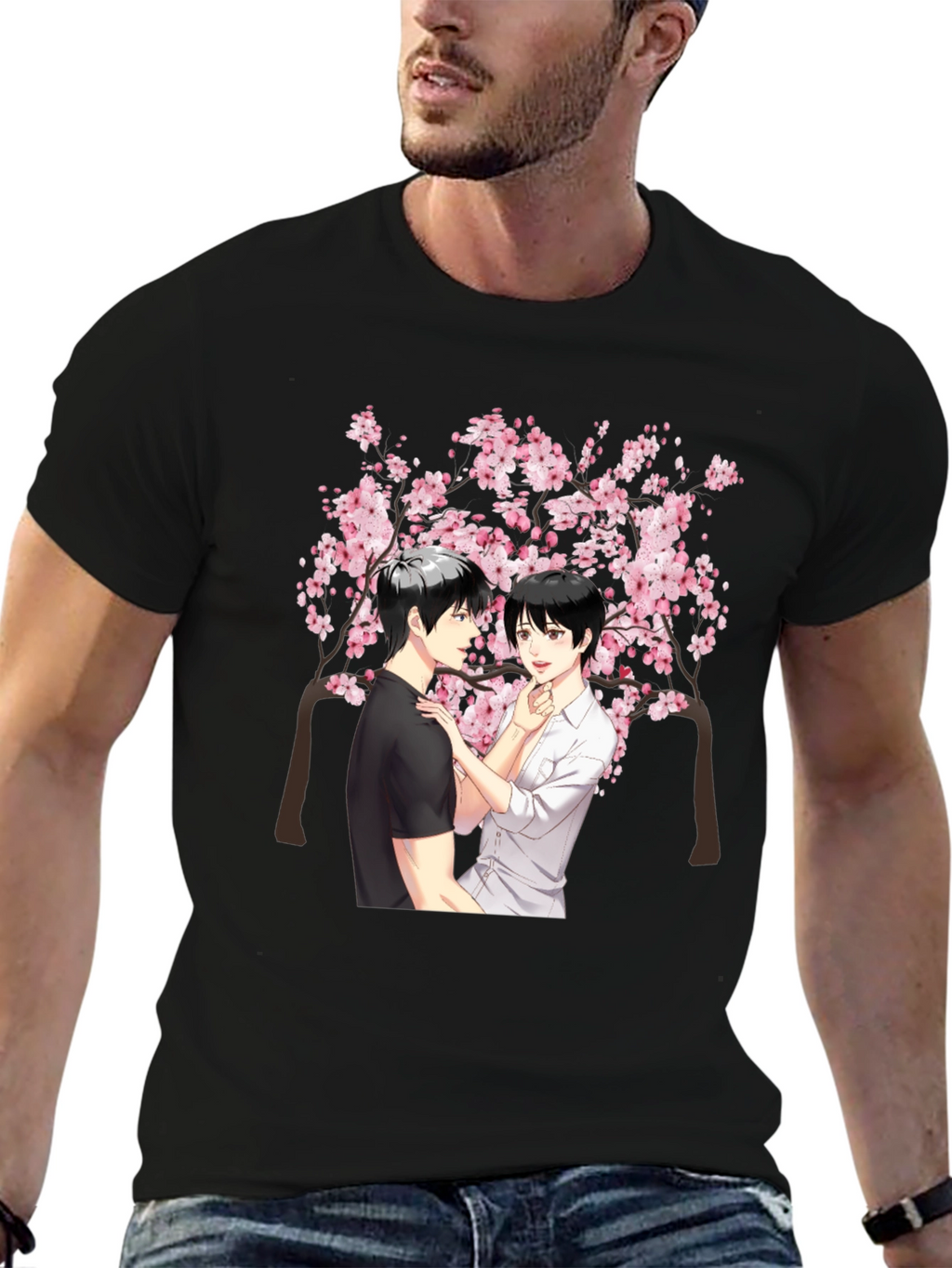 Anime Cherry Blossom Graphic Black T-Shirt