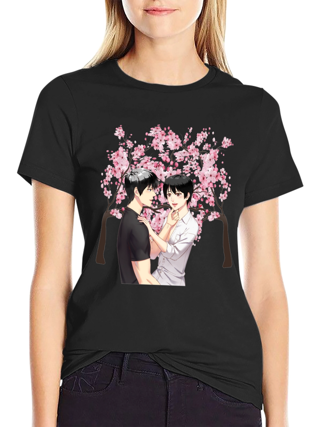 Anime Cherry Blossom Graphic Black T-Shirt