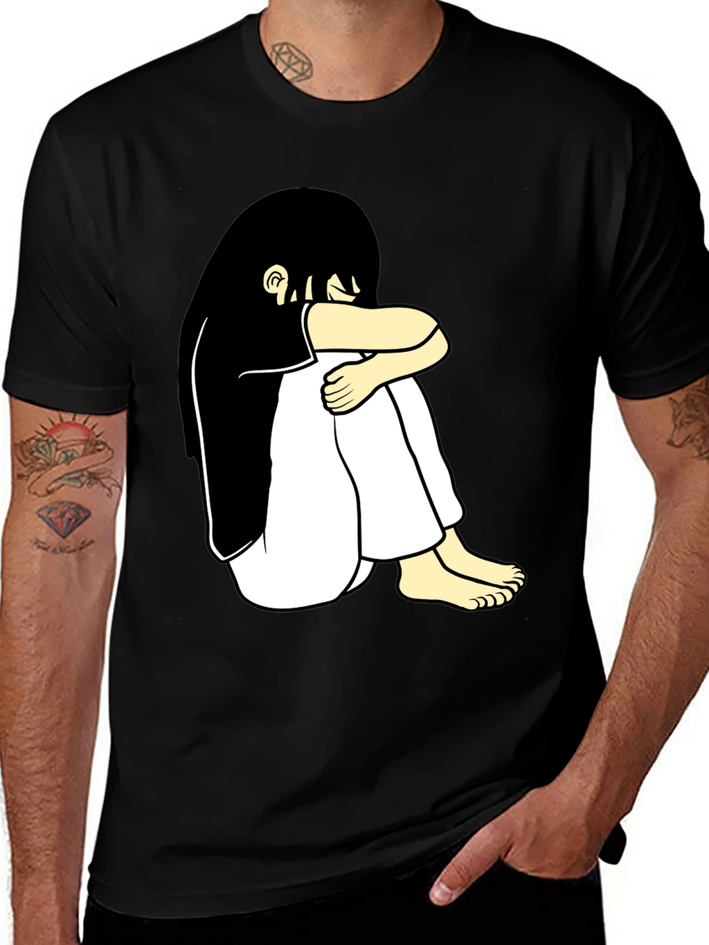 Black T-Shirt with Cartoon Girl Design