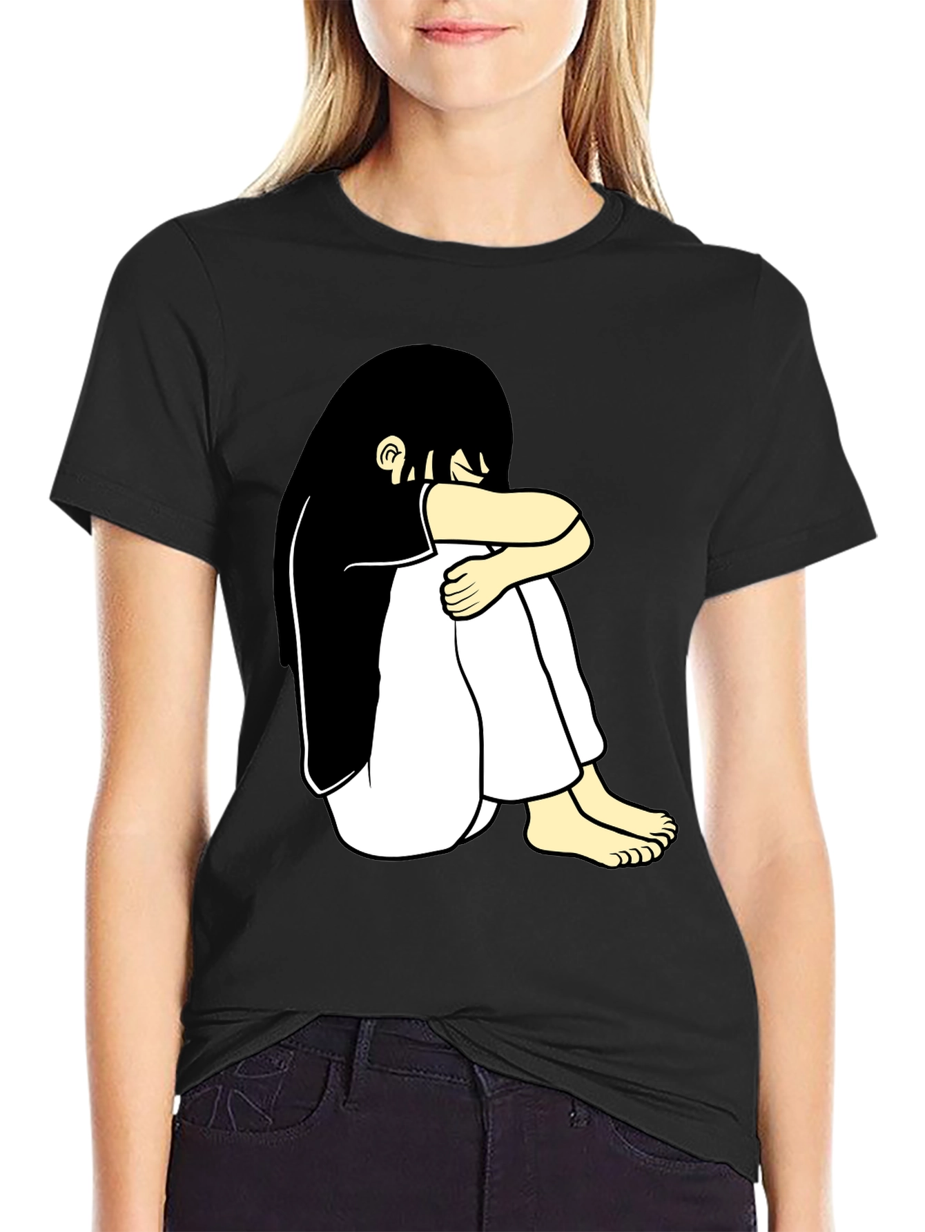 Black T-Shirt with Cartoon Girl Design