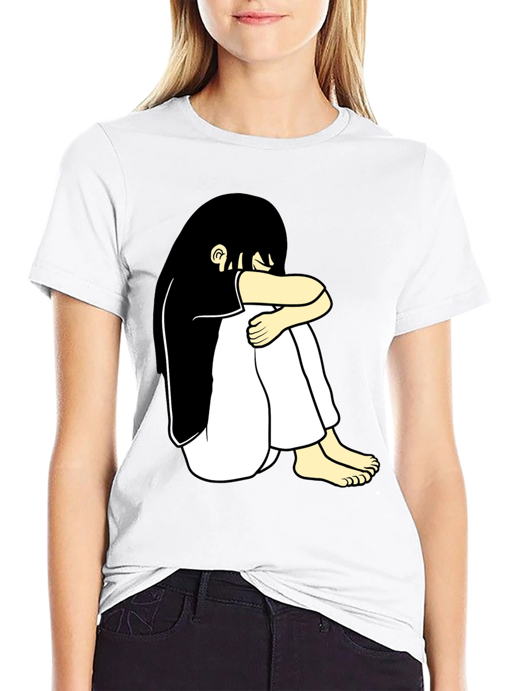 Black T-Shirt with Cartoon Girl Design