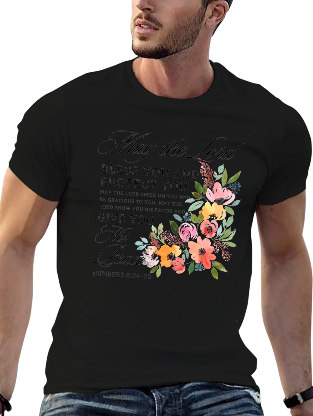Floral Blessed Black T-Shirt for Men