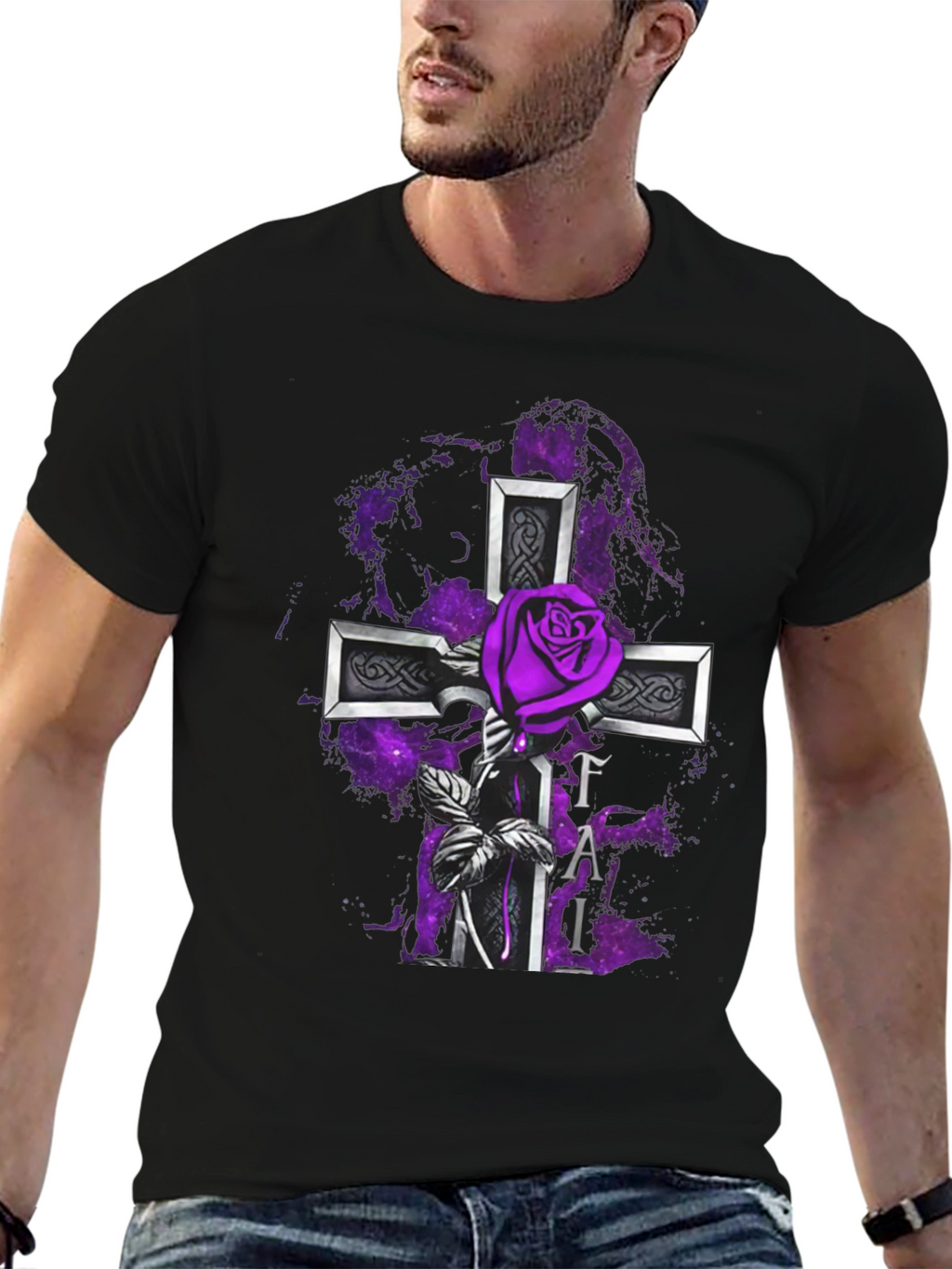 Gothic Rose Cross T-Shirt - Purple Floral Design
