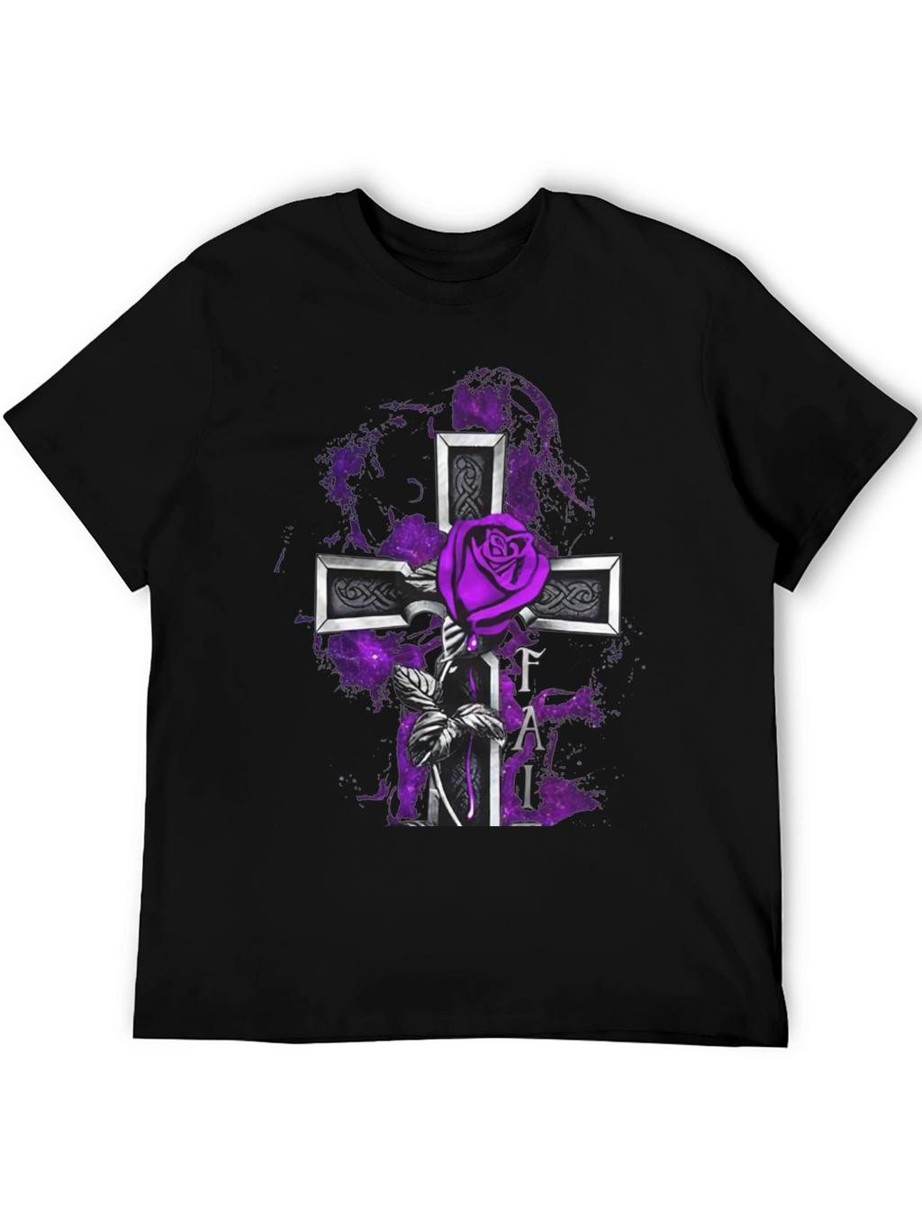 Gothic Rose Cross T-Shirt - Purple Floral Design