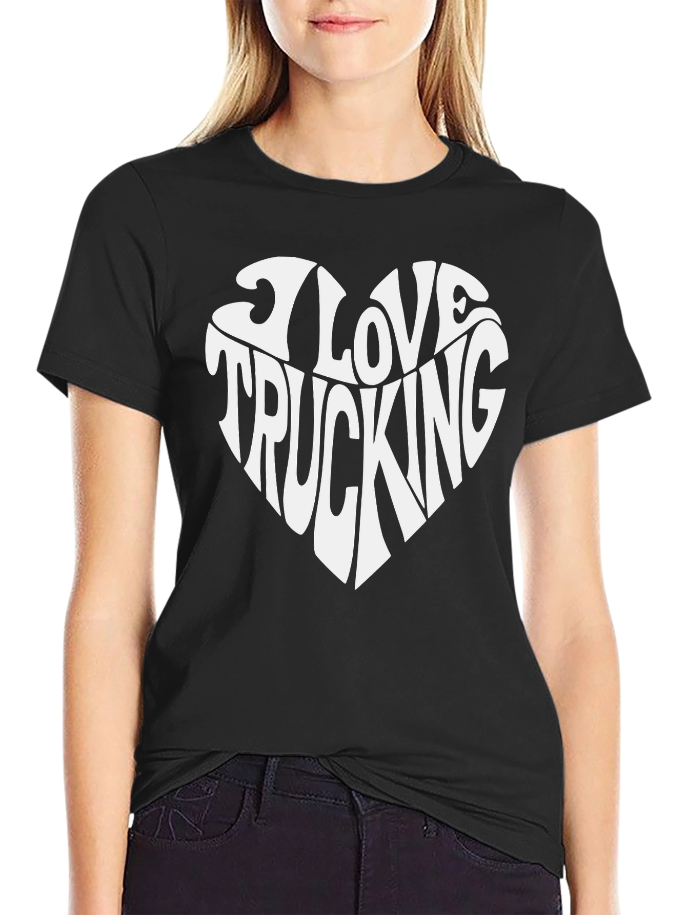I Love Trucking Heart Graphic T-Shirt - Black Cotton