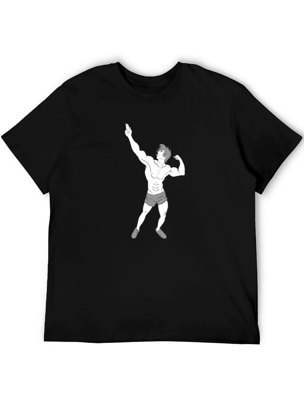 Mens Black T-Shirt with Cartoon Bodybuilder Graphic