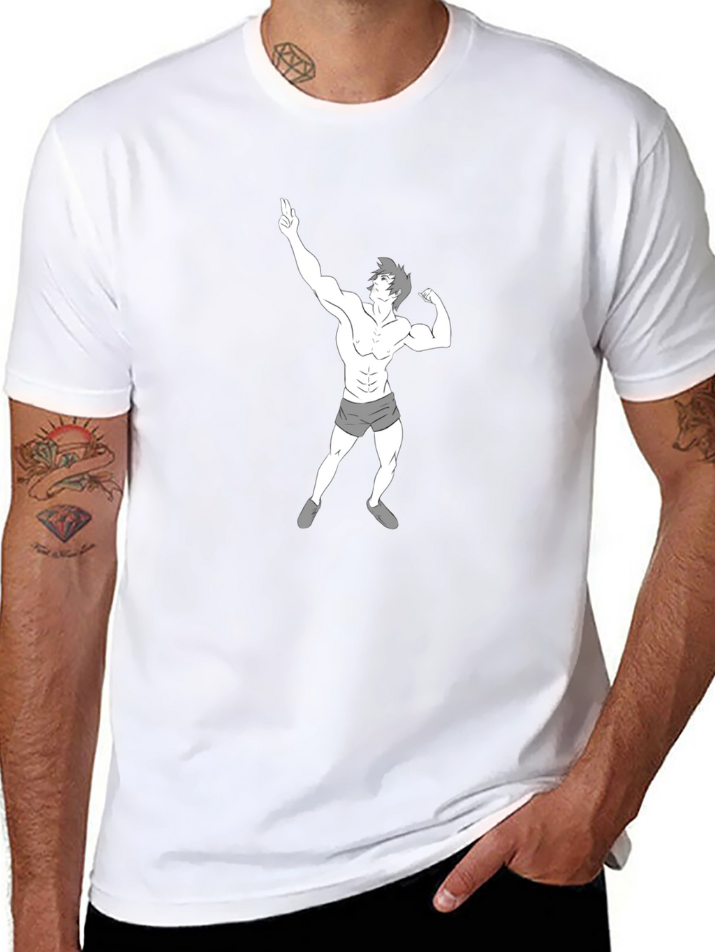 Mens Black T-Shirt with Cartoon Bodybuilder Graphic