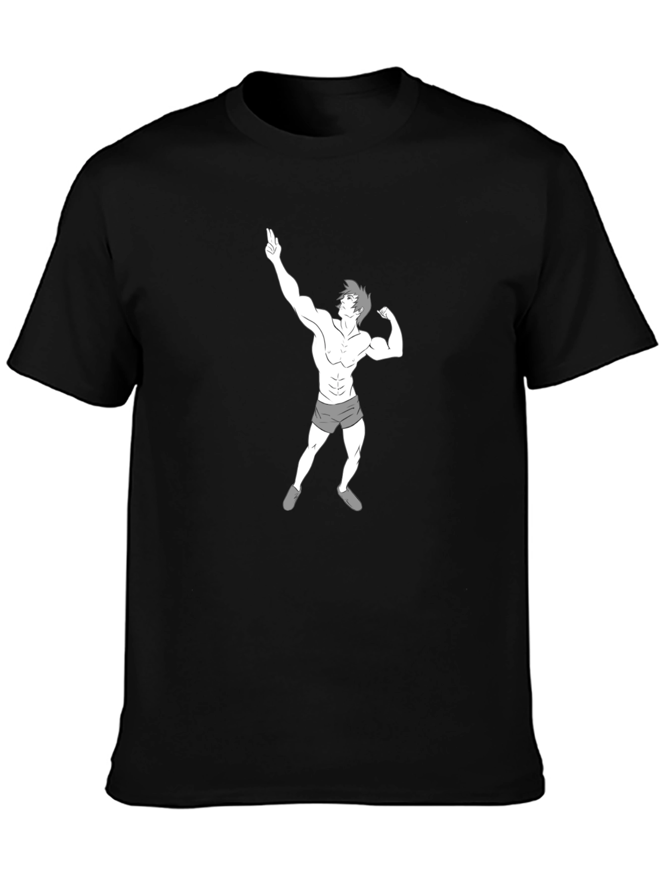 Mens Black T-Shirt with Cartoon Bodybuilder Graphic