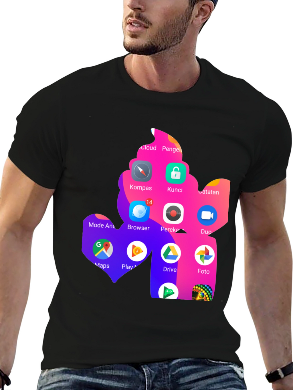 T-Shirt with App Icon Collage Print - Black