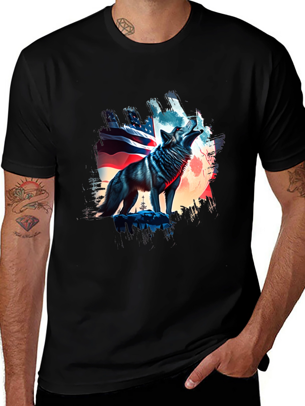 Patriotic Wolf Graphic Tee - USA Pride
