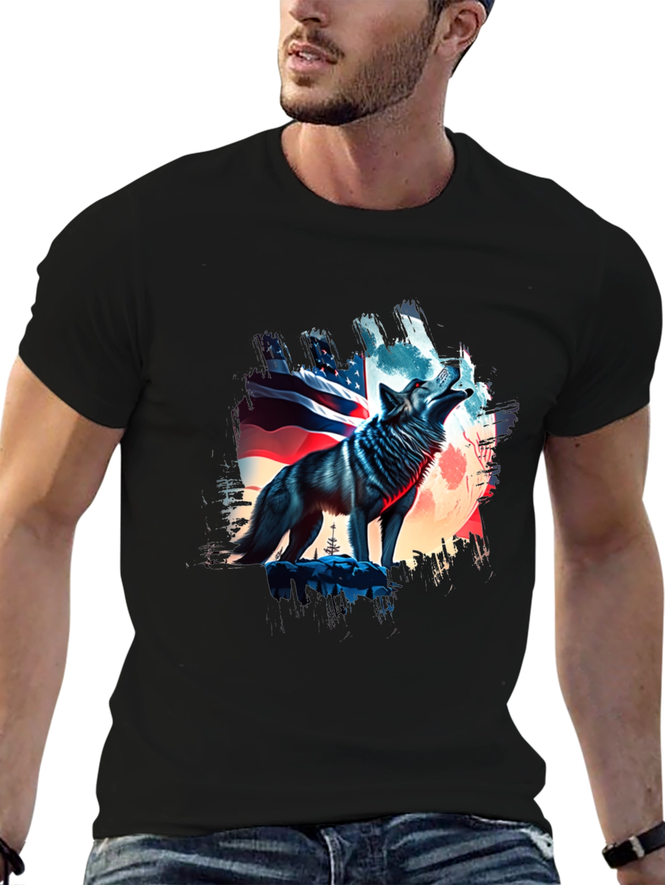Patriotic Wolf Graphic Tee - USA Pride