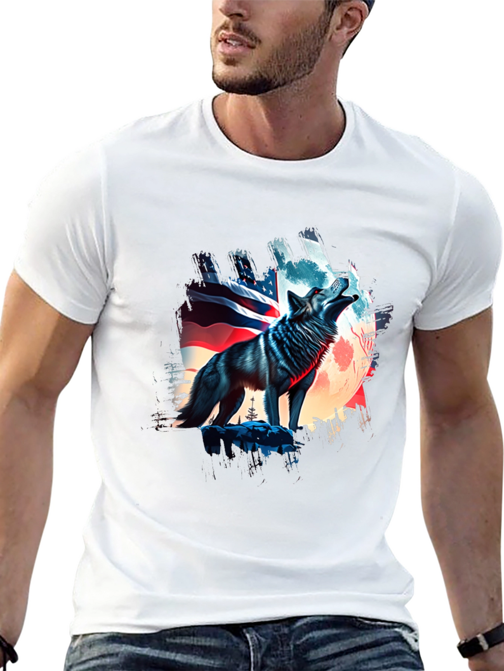 Patriotic Wolf Graphic Tee - USA Pride