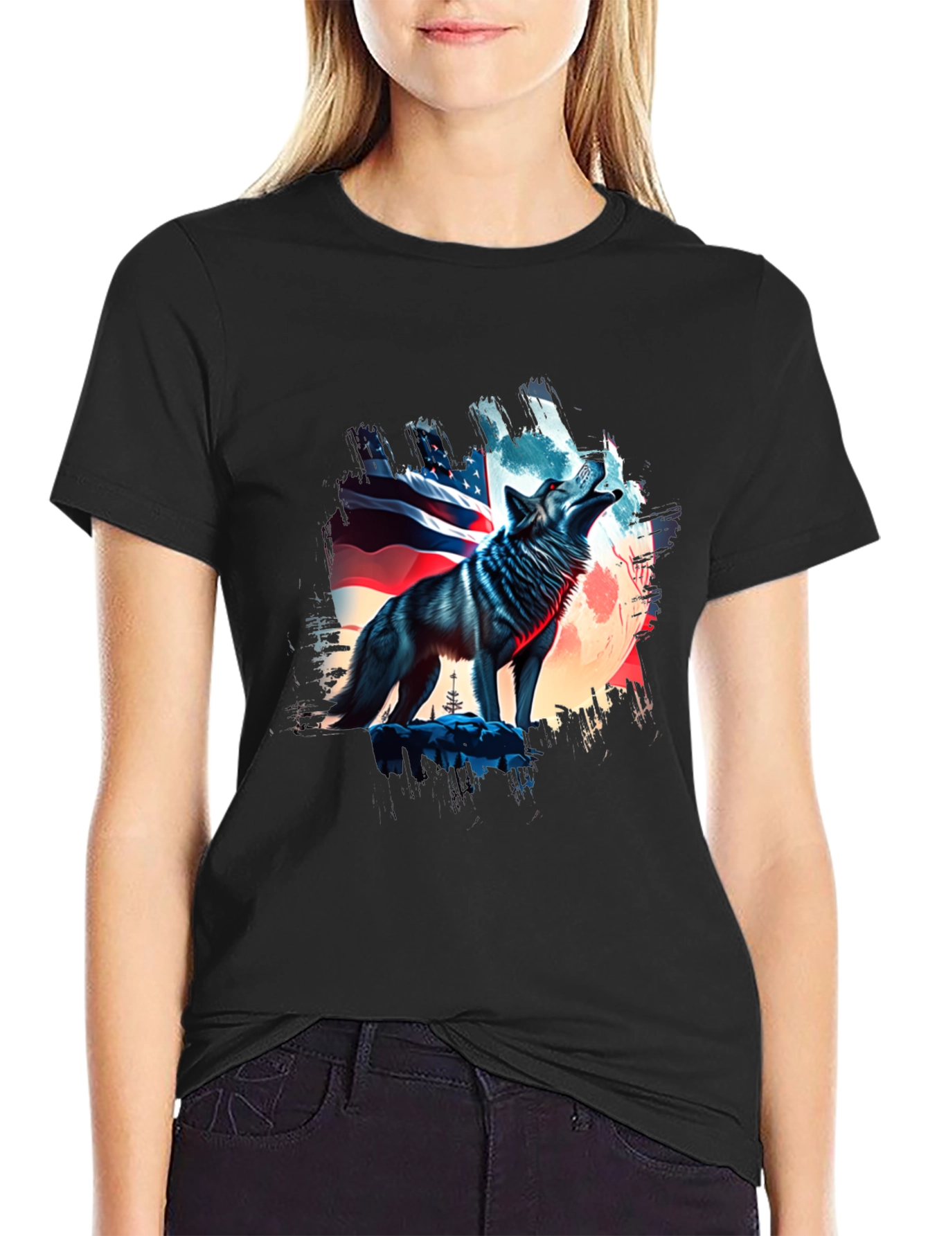 Patriotic Wolf Graphic Tee - USA Pride