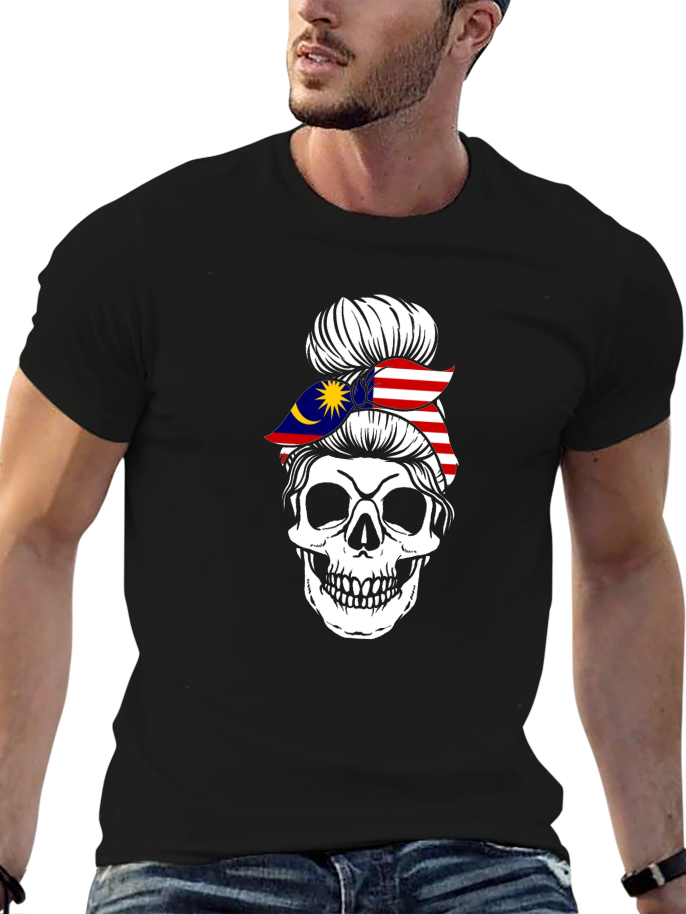 Skull Messy Bun Malaysia Flag T-Shirt
