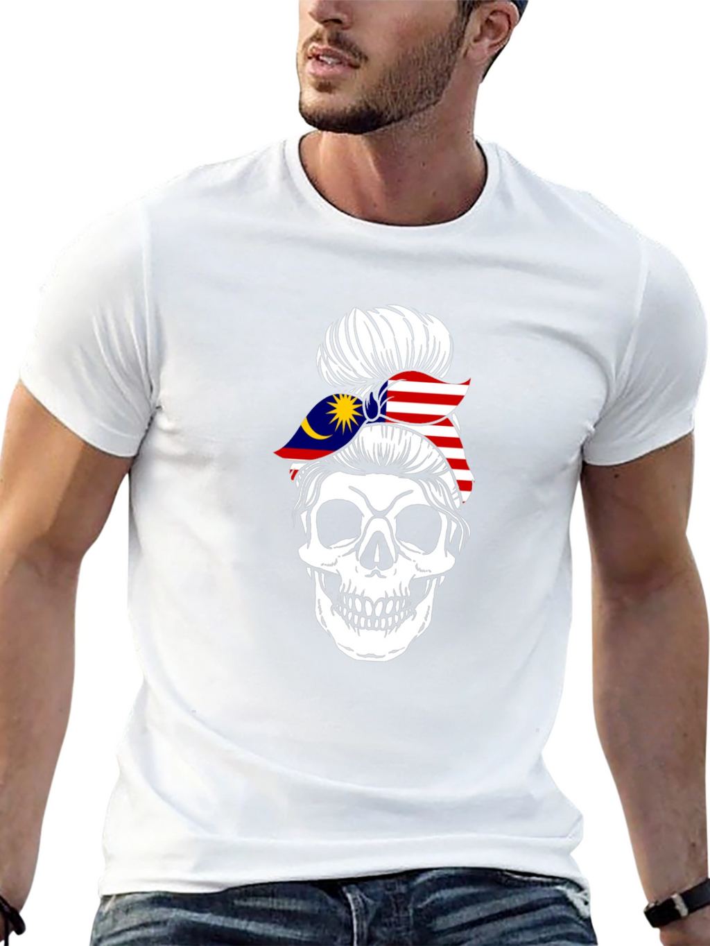 Skull Messy Bun Malaysia Flag T-Shirt