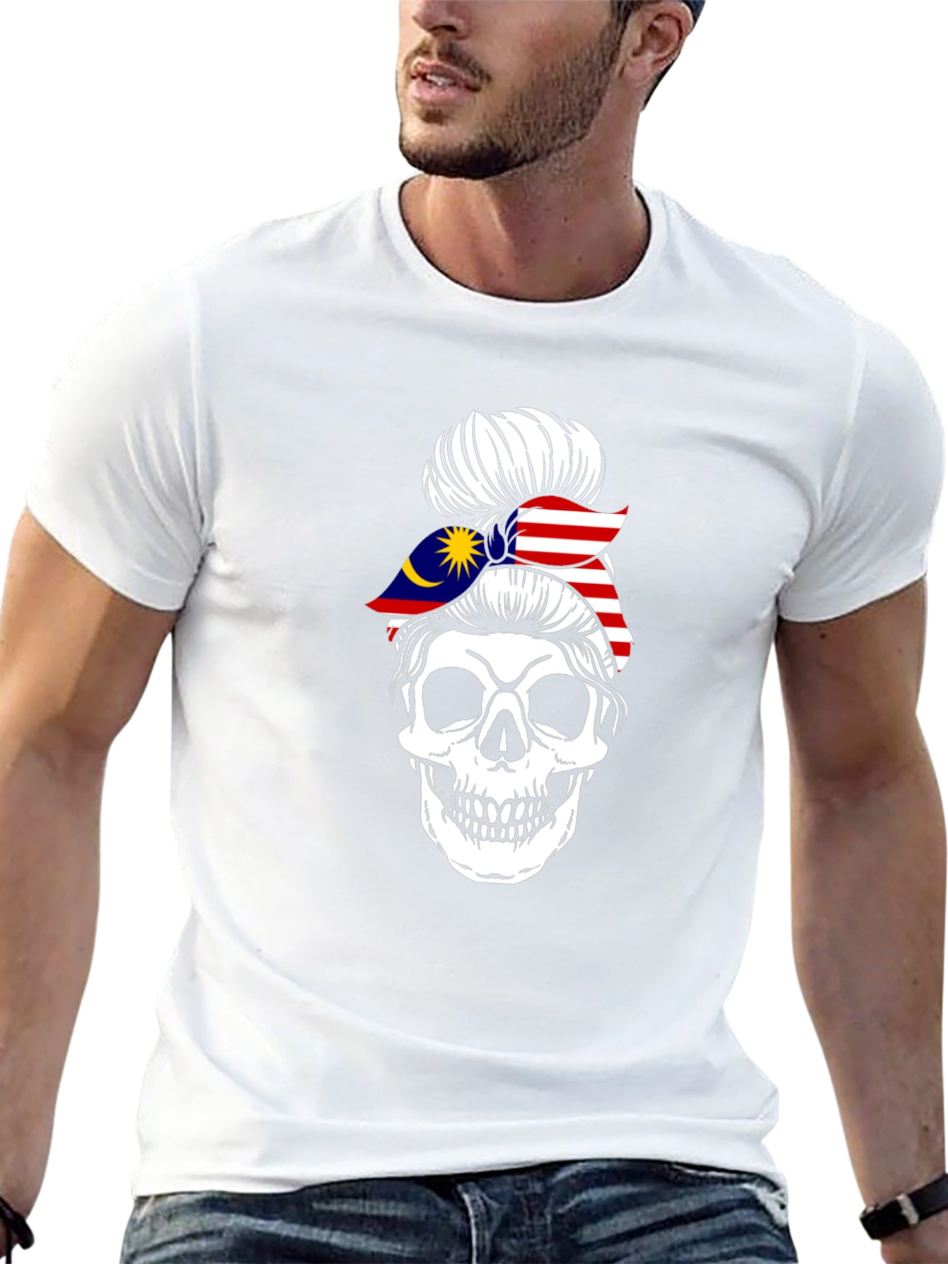 Skull Messy Bun Malaysia Flag T-Shirt
