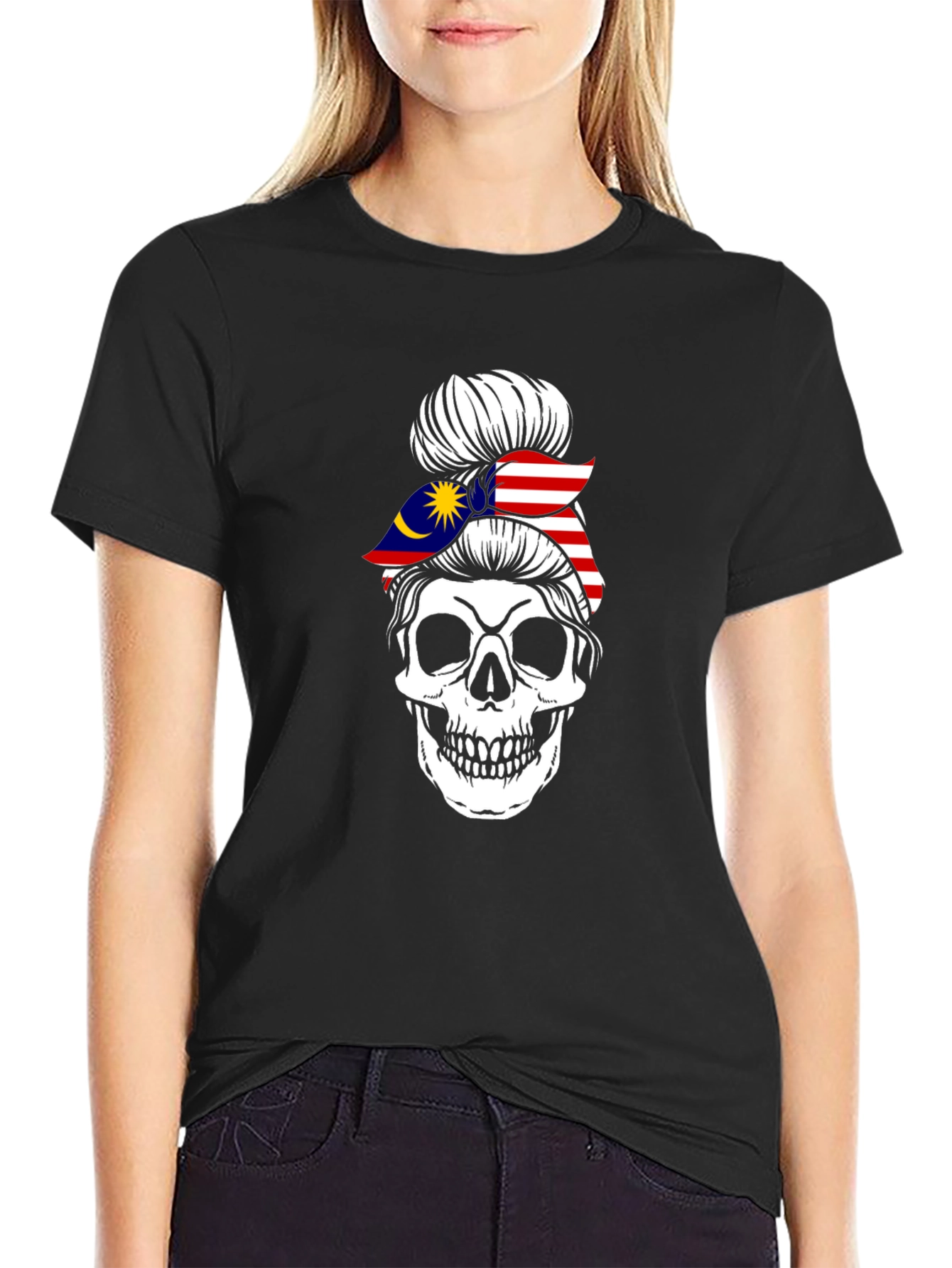 Skull Messy Bun Malaysia Flag T-Shirt