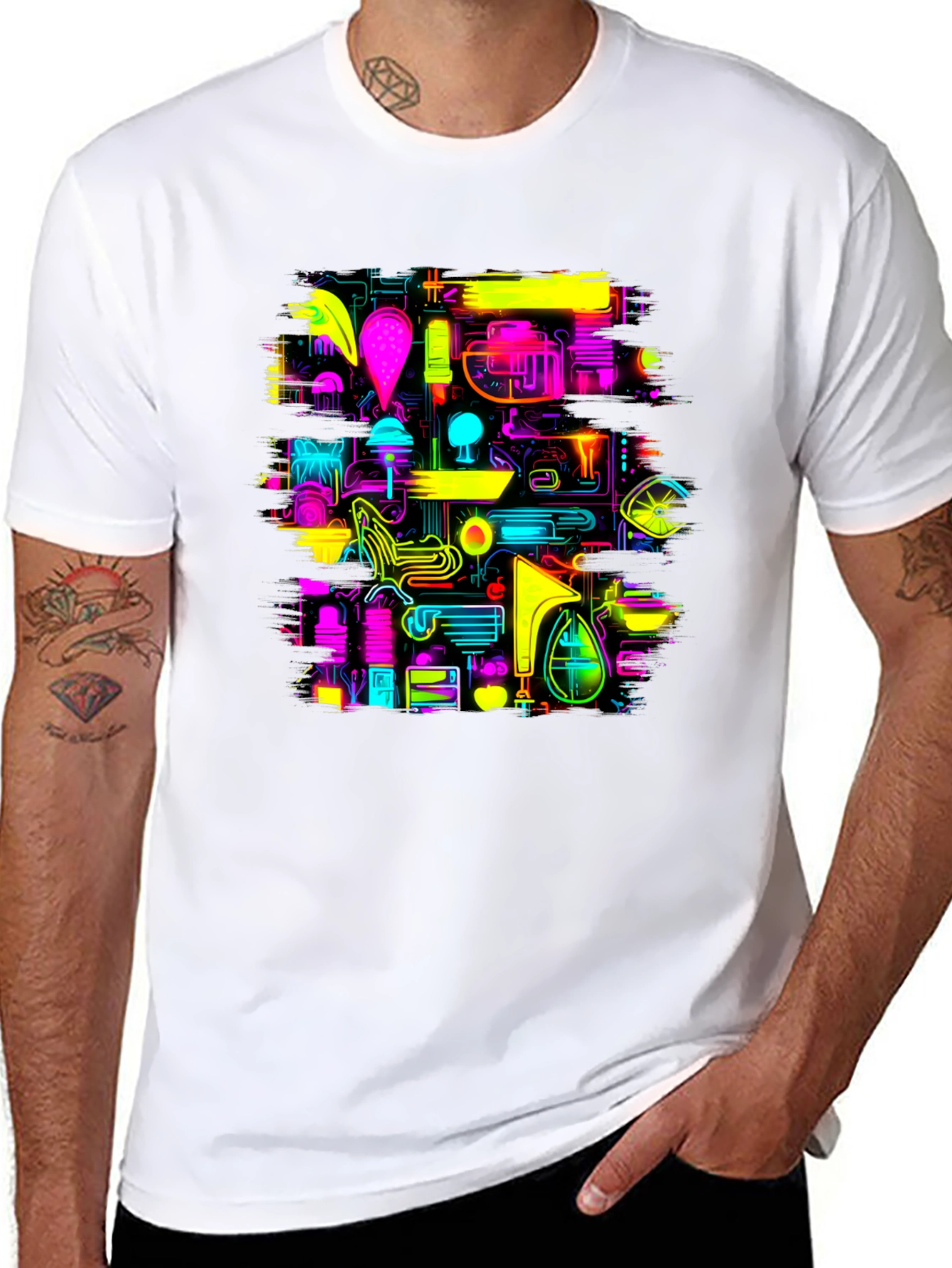 Neon Circuit Board Design Black T-Shirt