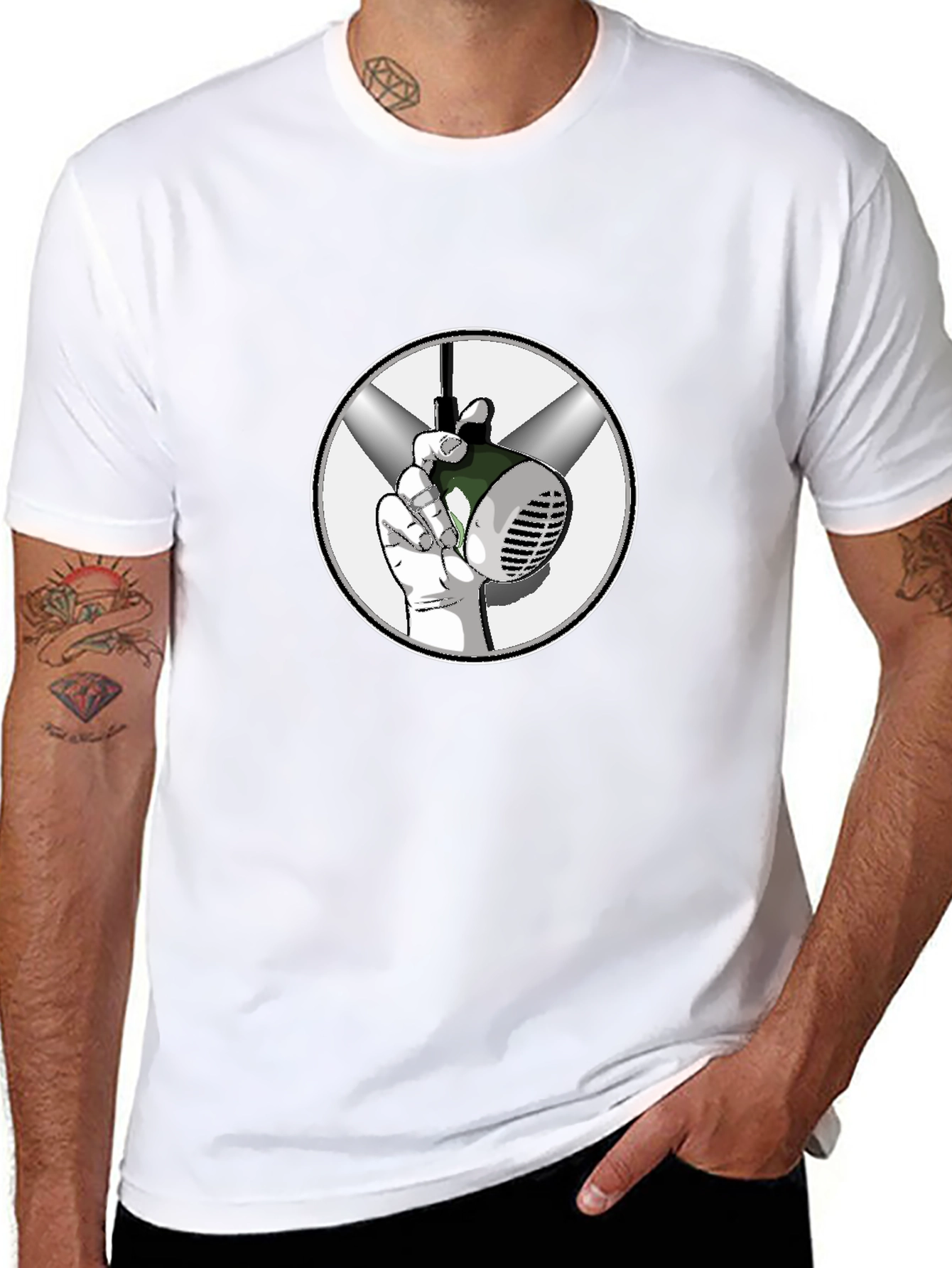 Graphic Tee: Hand Holding Vintage Microphone Design