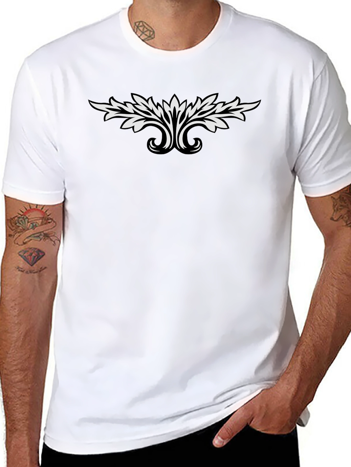 Black T-Shirt with White Leaf Design