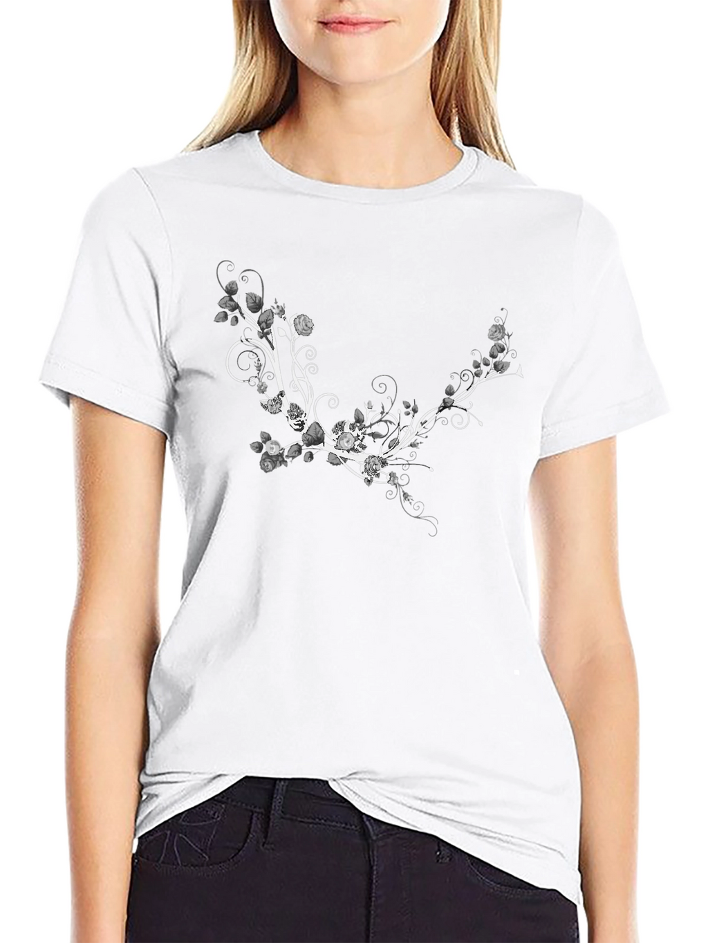 Floral Vine Graphic T-Shirt - Stylish Black Tee