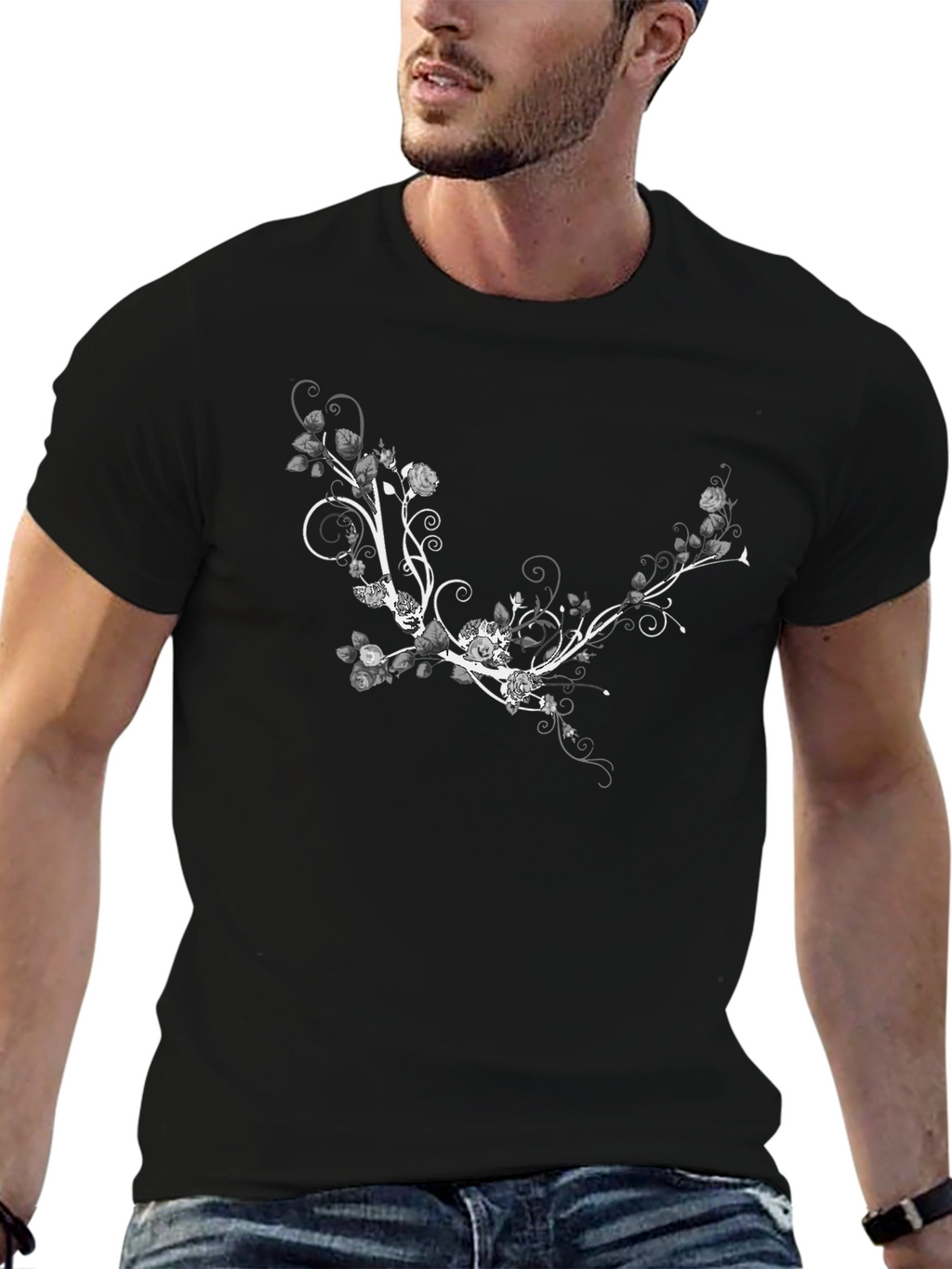 Floral Vine Graphic T-Shirt - Stylish Black Tee